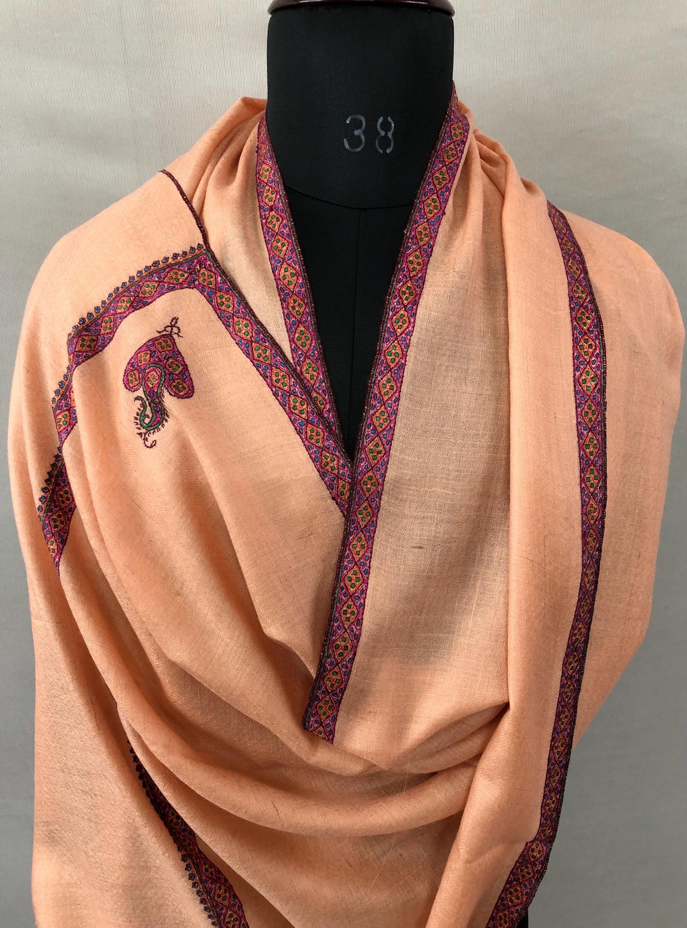 Pale Peach Super Fine Hand Embroidered Border Handwoven Real Cashmere Pashmina Stole Scarf Shawl - Mehraj Crafts 