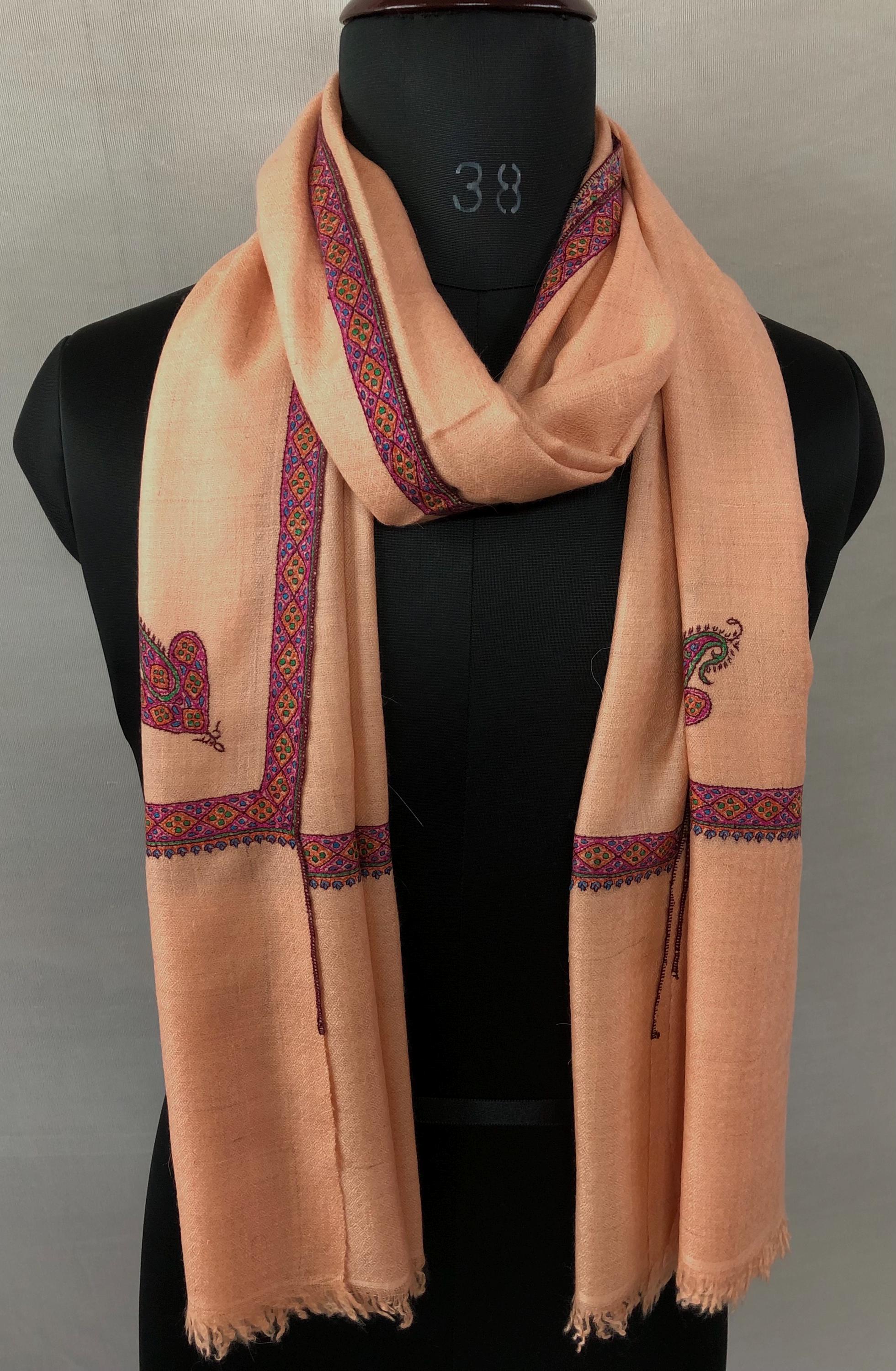 Pale Peach Super Fine Hand Embroidered Border Handwoven Real Cashmere Pashmina Stole Scarf Shawl - Mehraj Crafts 