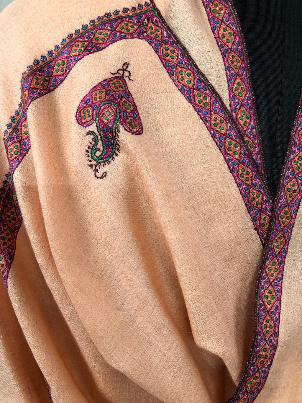 Pale Peach Super Fine Hand Embroidered Border Handwoven Real Cashmere Pashmina Stole Scarf Shawl - Mehraj Crafts 