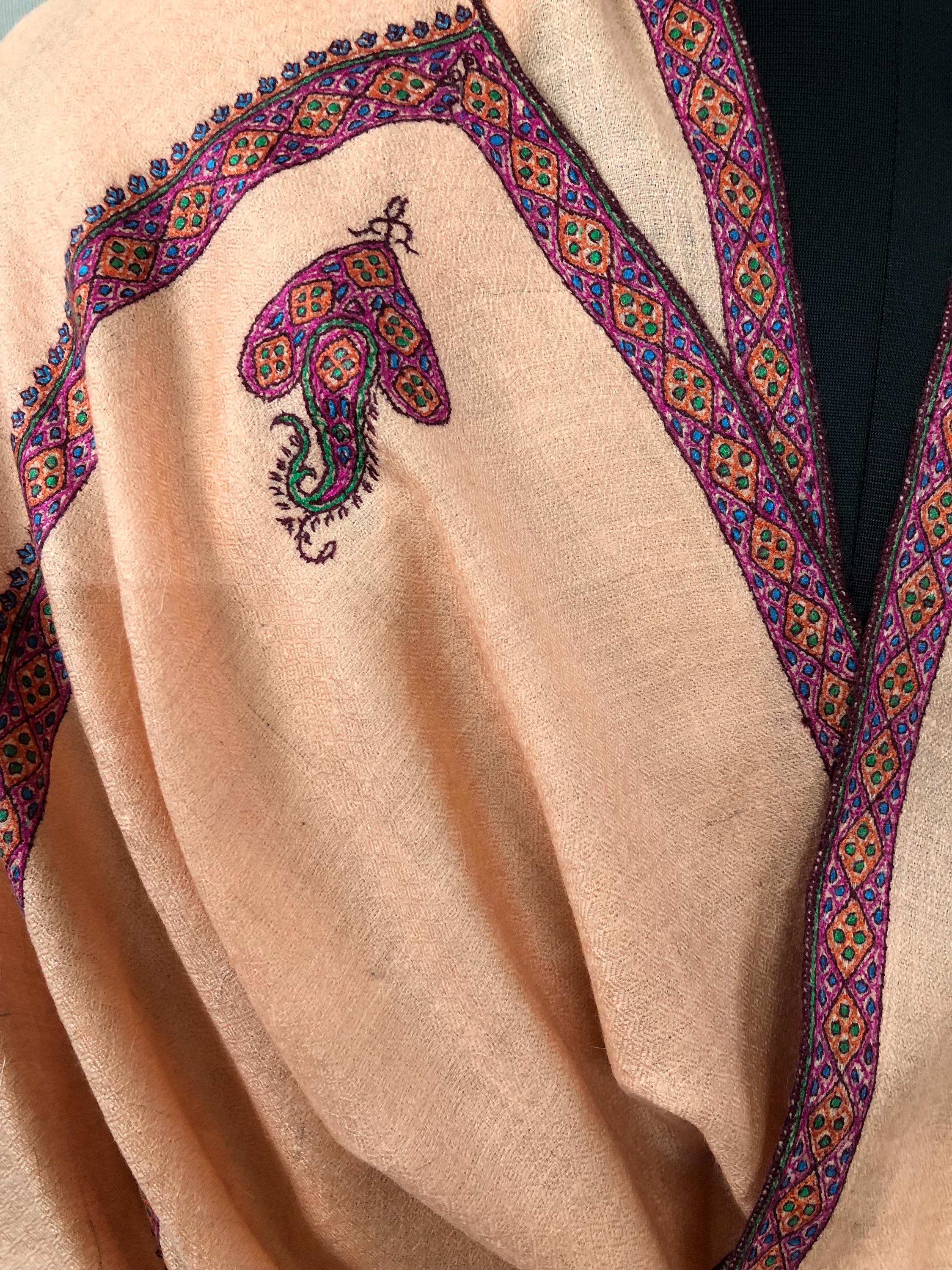 Pale Peach Super Fine Hand Embroidered Border Handwoven Real Cashmere Pashmina Stole Scarf Shawl - Mehraj Crafts 