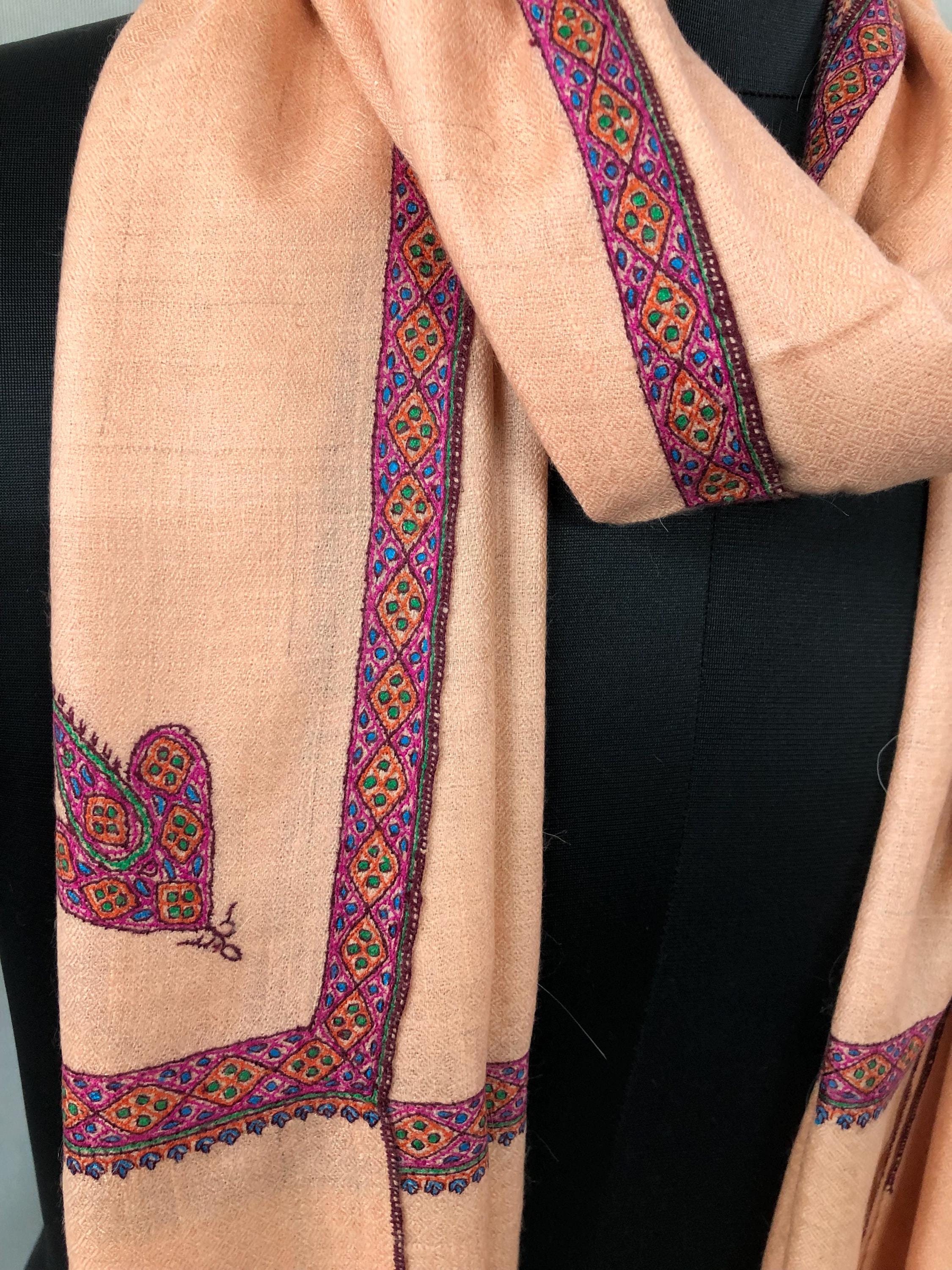 Pale Peach Super Fine Hand Embroidered Border Handwoven Real Cashmere Pashmina Stole Scarf Shawl - Mehraj Crafts 