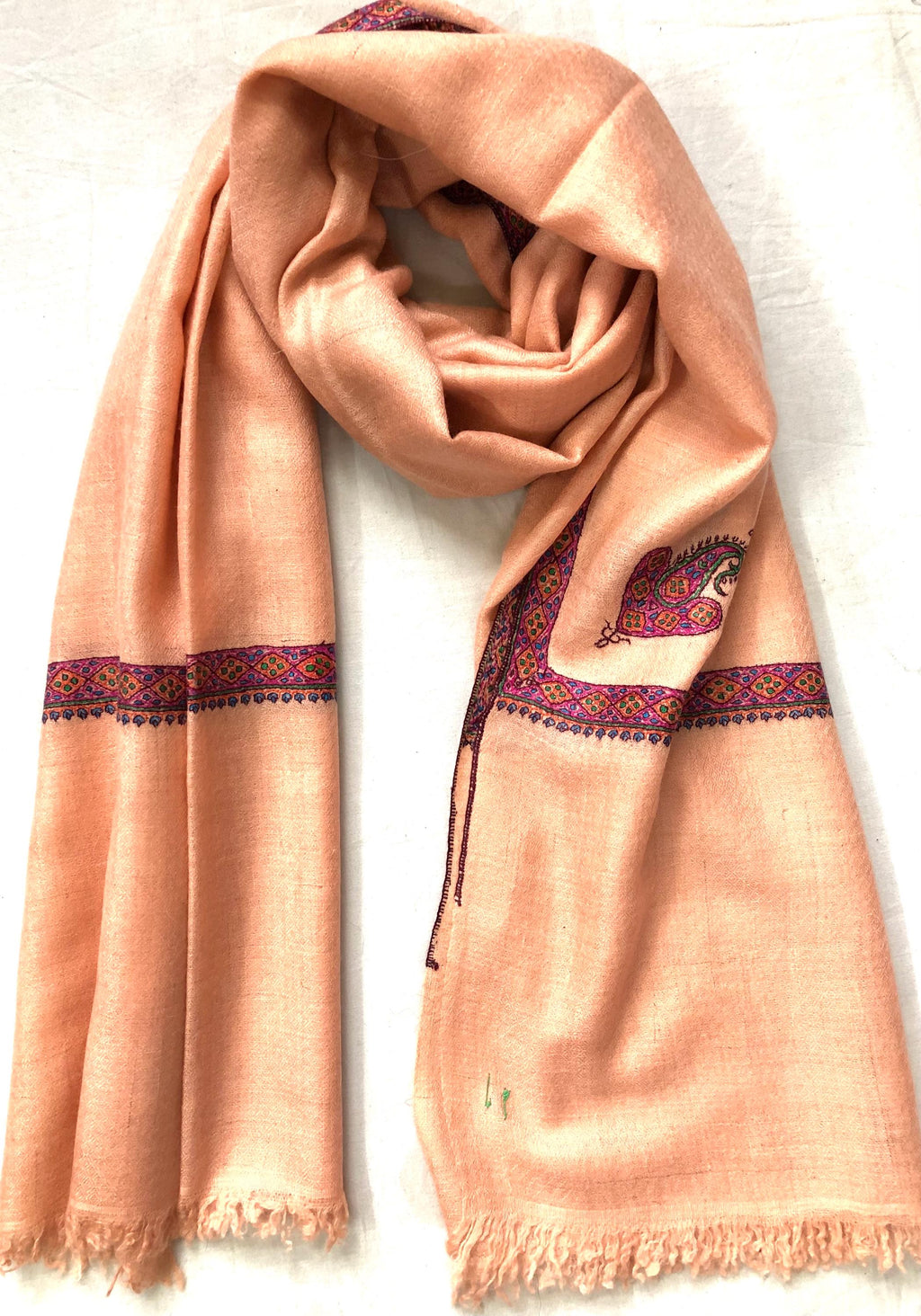 Pale Peach Super Fine Hand Embroidered Border Handwoven Real Cashmere Pashmina Stole Scarf Shawl - Mehraj Crafts 