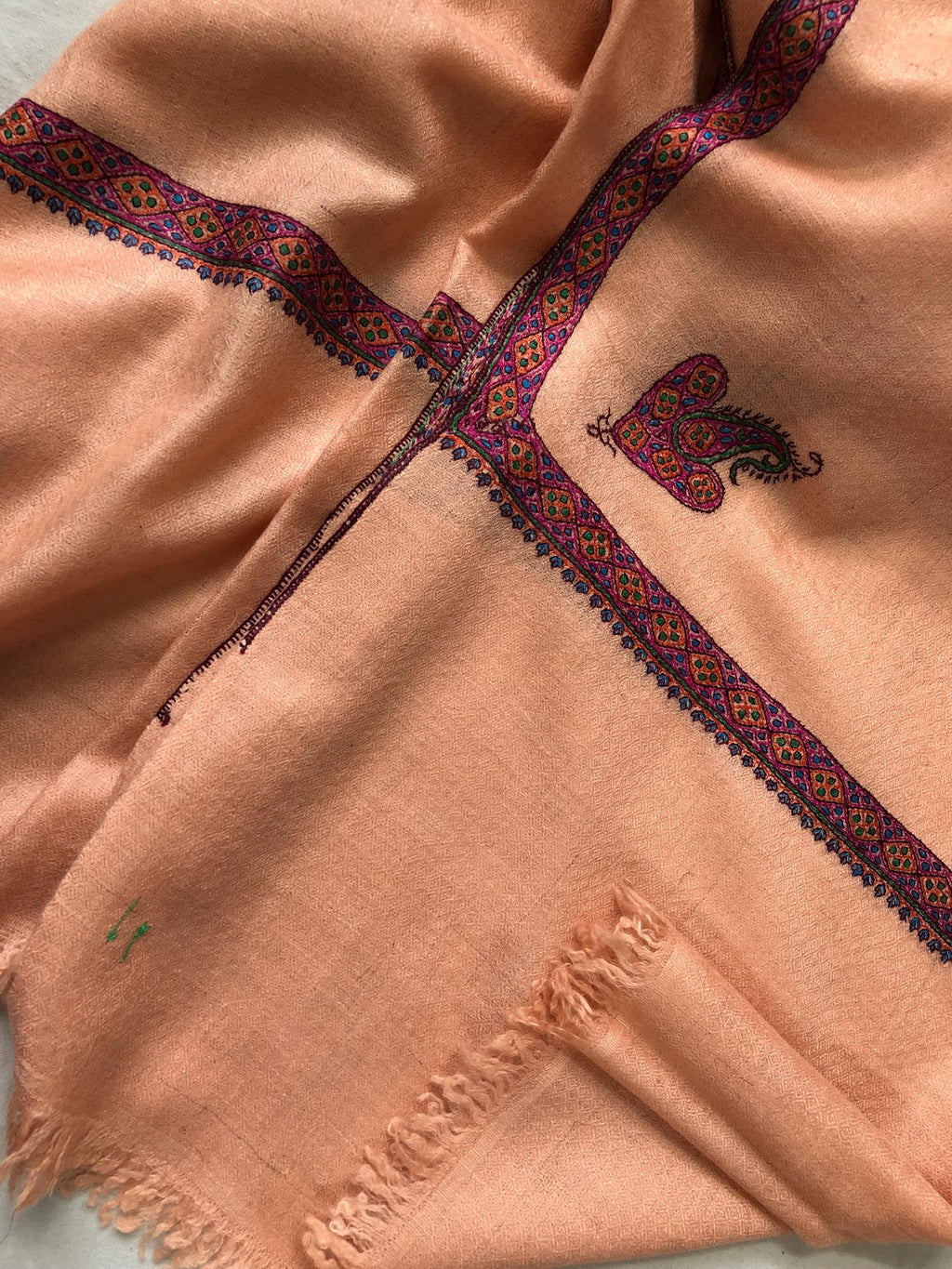 Pale Peach Super Fine Hand Embroidered Border Handwoven Real Cashmere Pashmina Stole Scarf Shawl - Mehraj Crafts 