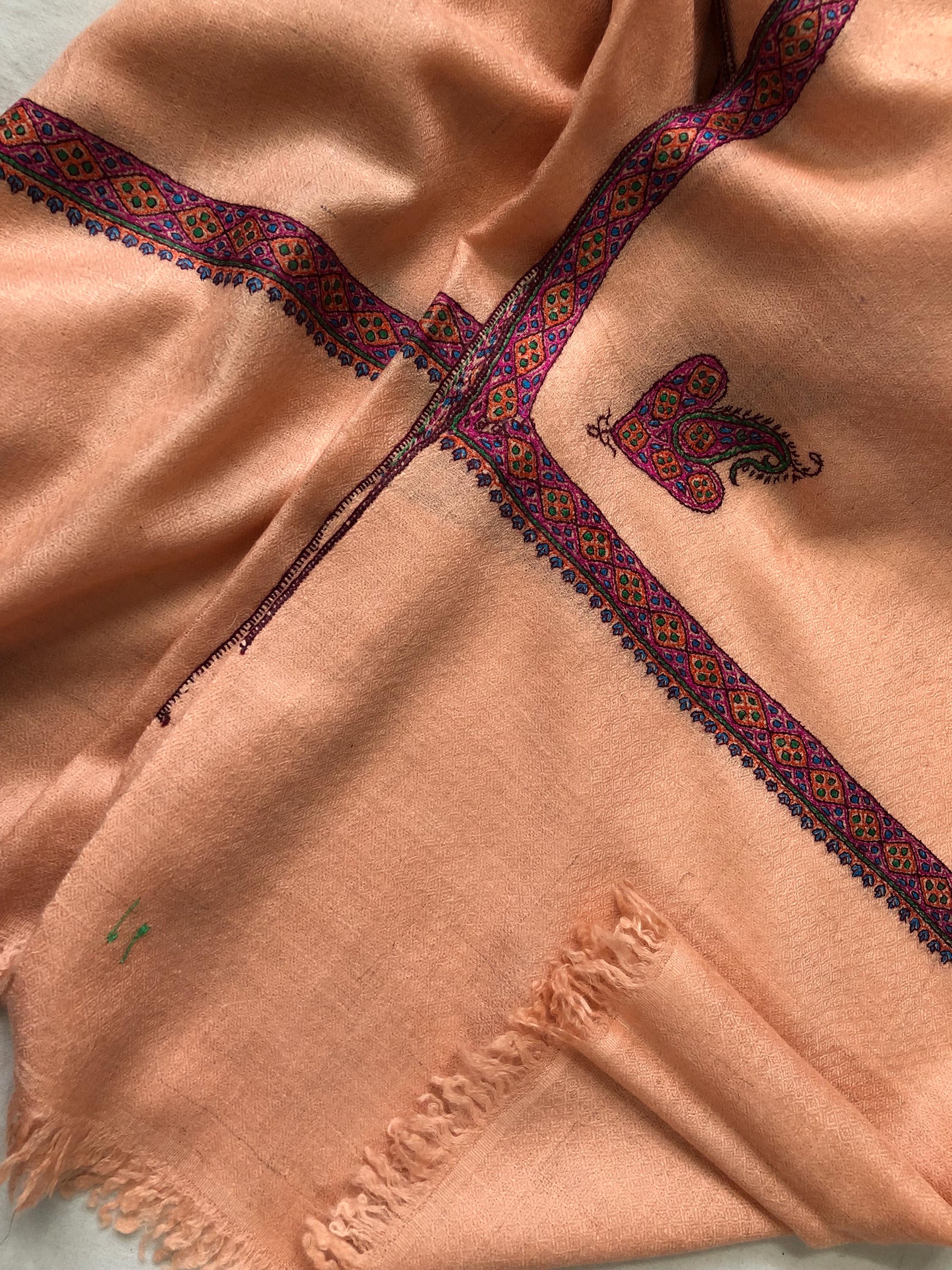 Pale Peach Super Fine Hand Embroidered Border Handwoven Real Cashmere Pashmina Stole Scarf Shawl - Mehraj Crafts 