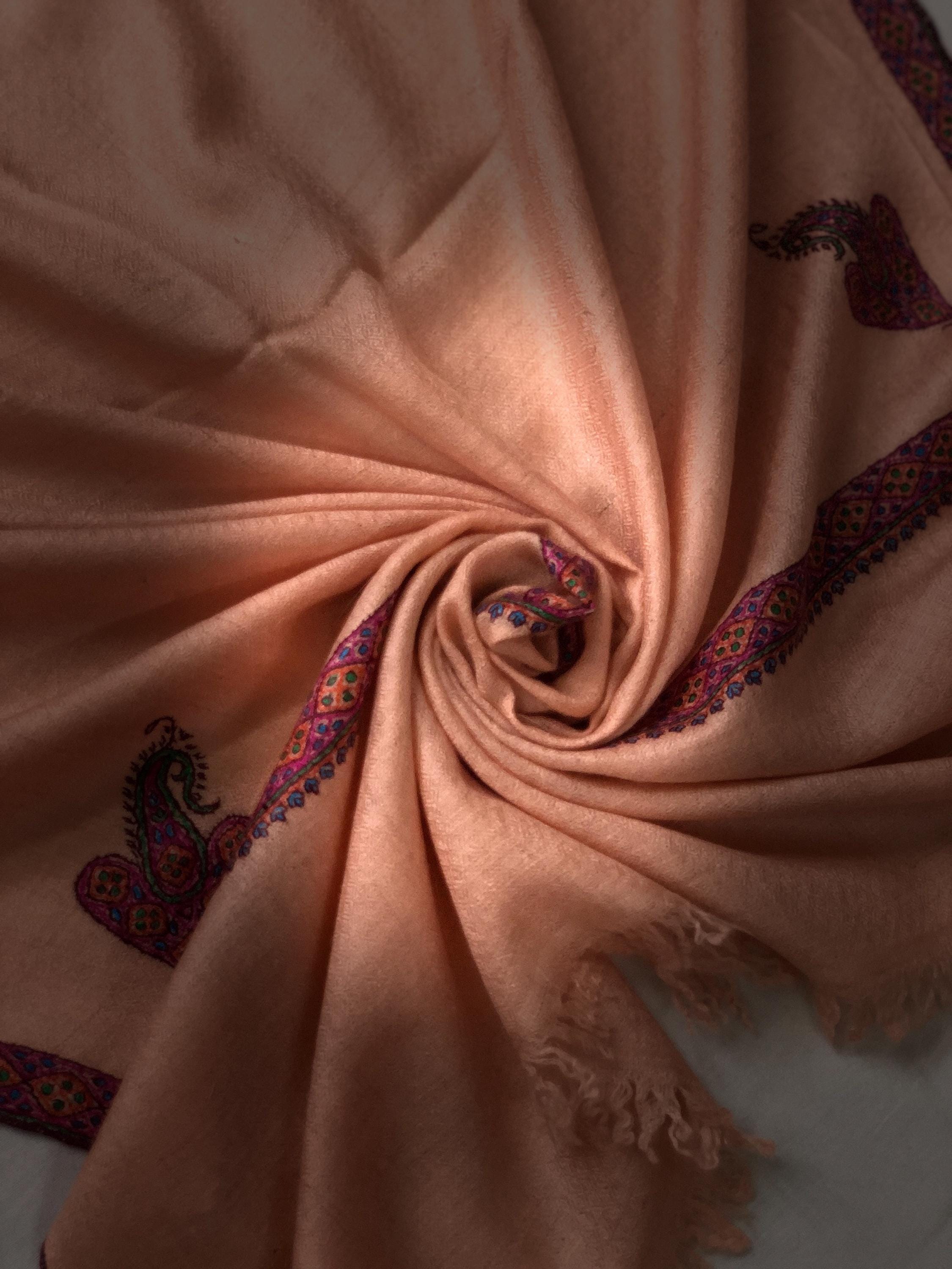 Handwoven Cashmere Pashmina Stole: Pale Peach Embroidered Border