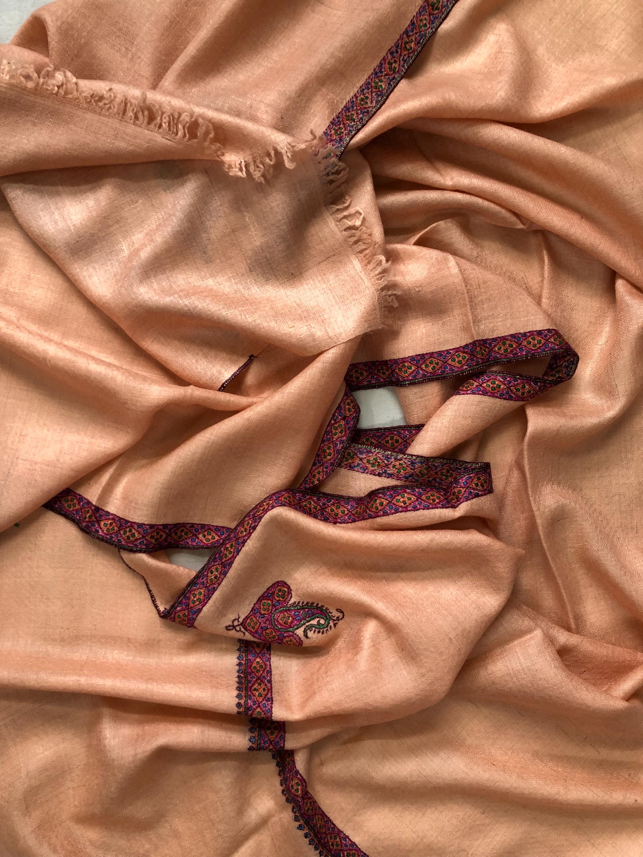 Pale Peach Super Fine Hand Embroidered Border Handwoven Real Cashmere Pashmina Stole Scarf Shawl - Mehraj Crafts 