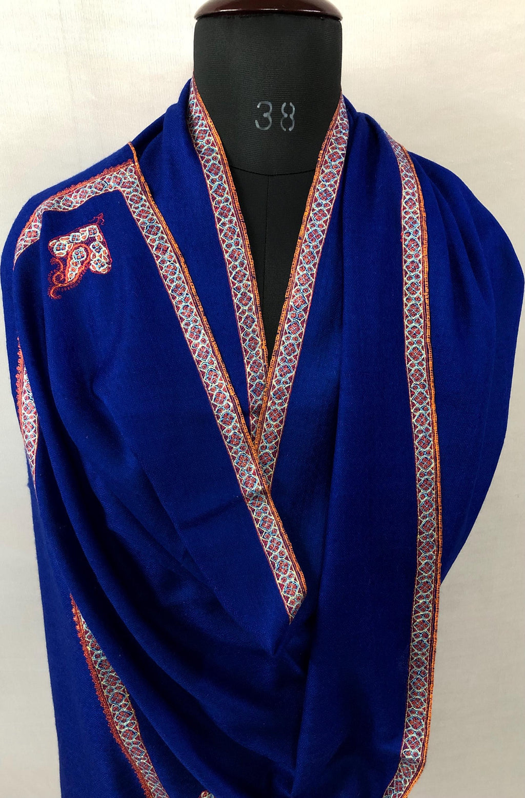 GI Sozani Pashmina Dazzling Blue Super Fine Hand Embroidered Border Handwoven Real Cashmere Pashmina Stole Scarf Shawl - Mehraj Crafts 