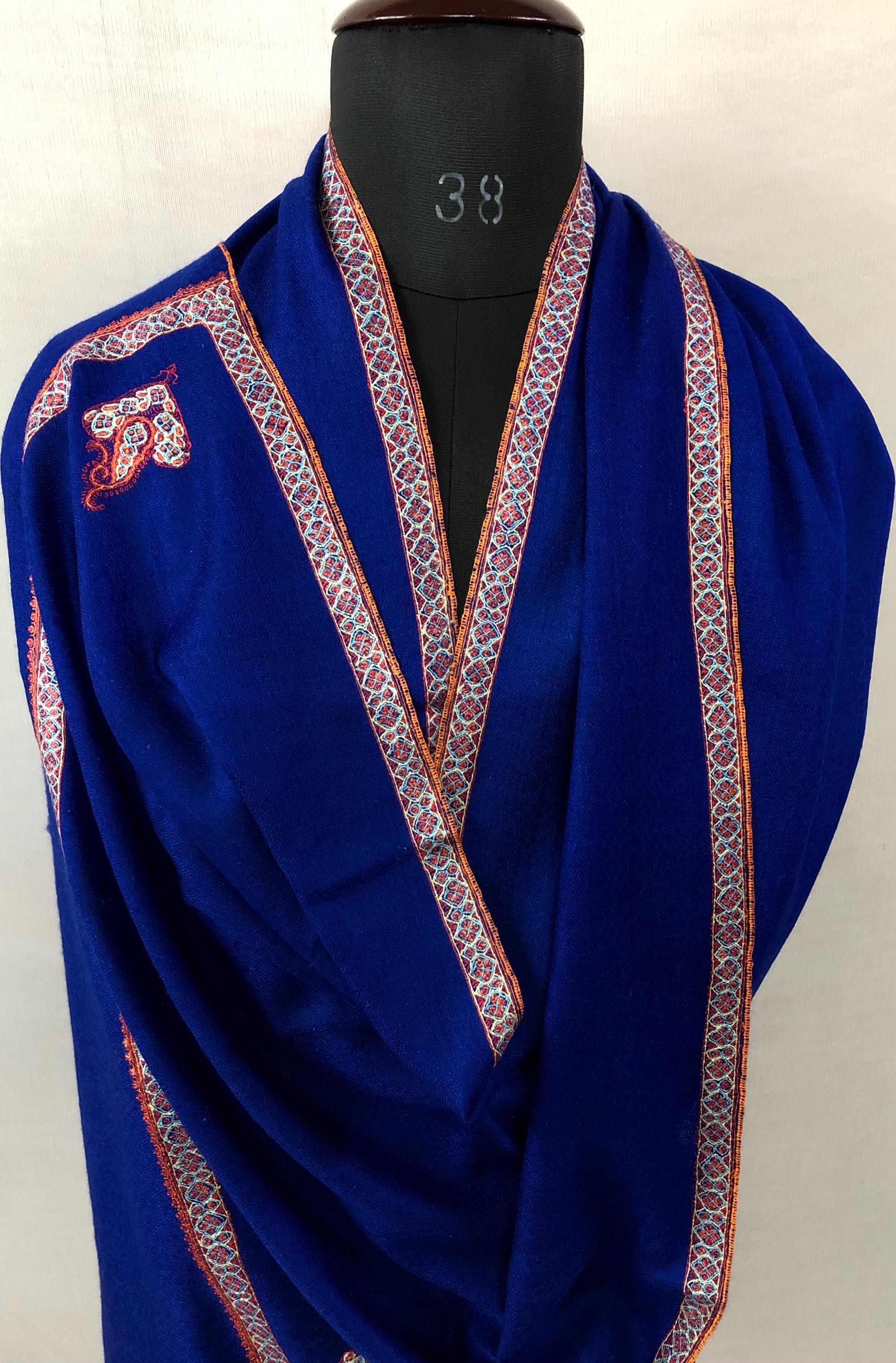 GI Sozani Pashmina Dazzling Blue Super Fine Hand Embroidered Border Handwoven Real Cashmere Pashmina Stole Scarf Shawl - Mehraj Crafts 