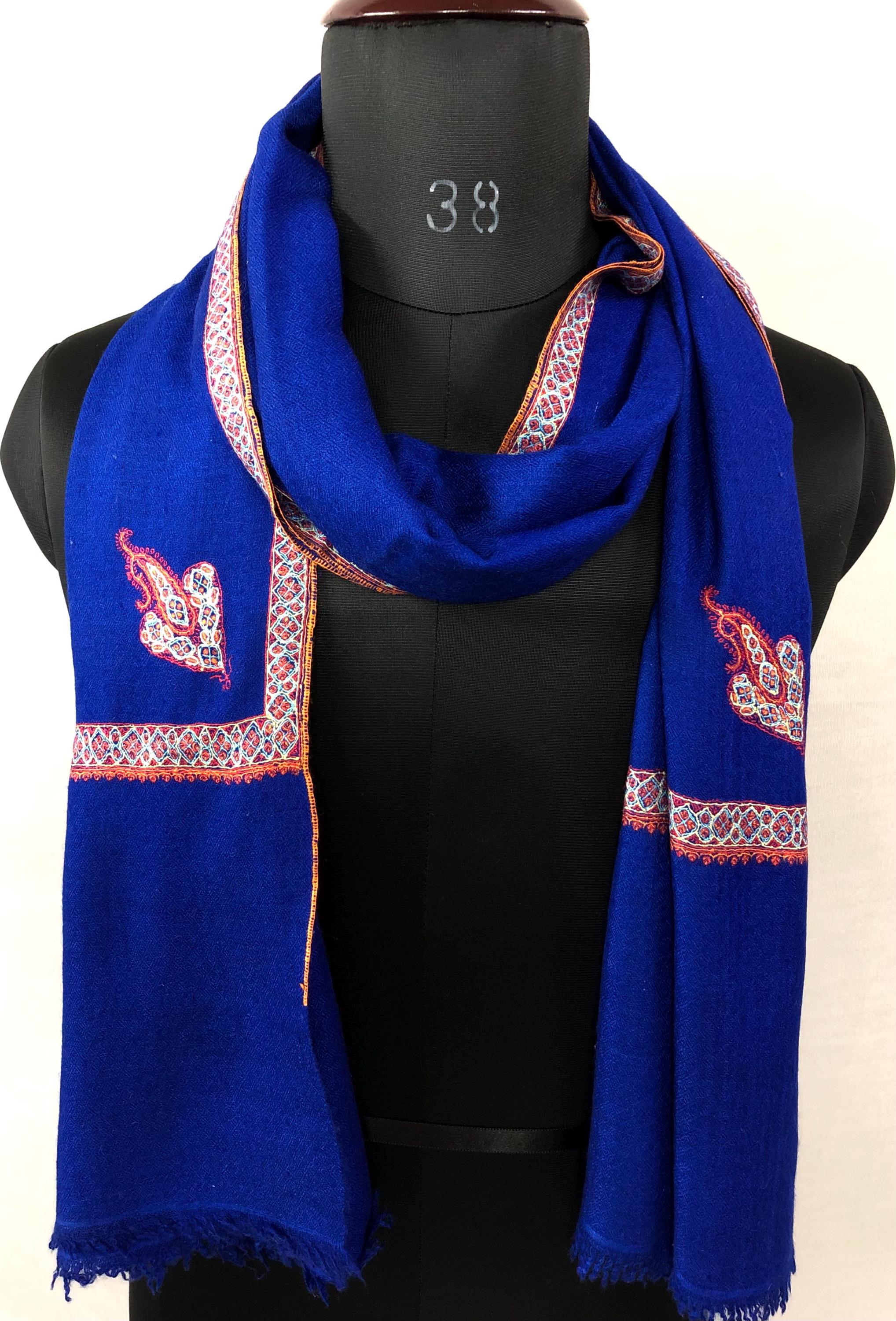 GI Sozani Pashmina Dazzling Blue Super Fine Hand Embroidered Border Handwoven Real Cashmere Pashmina Stole Scarf Shawl - Mehraj Crafts 