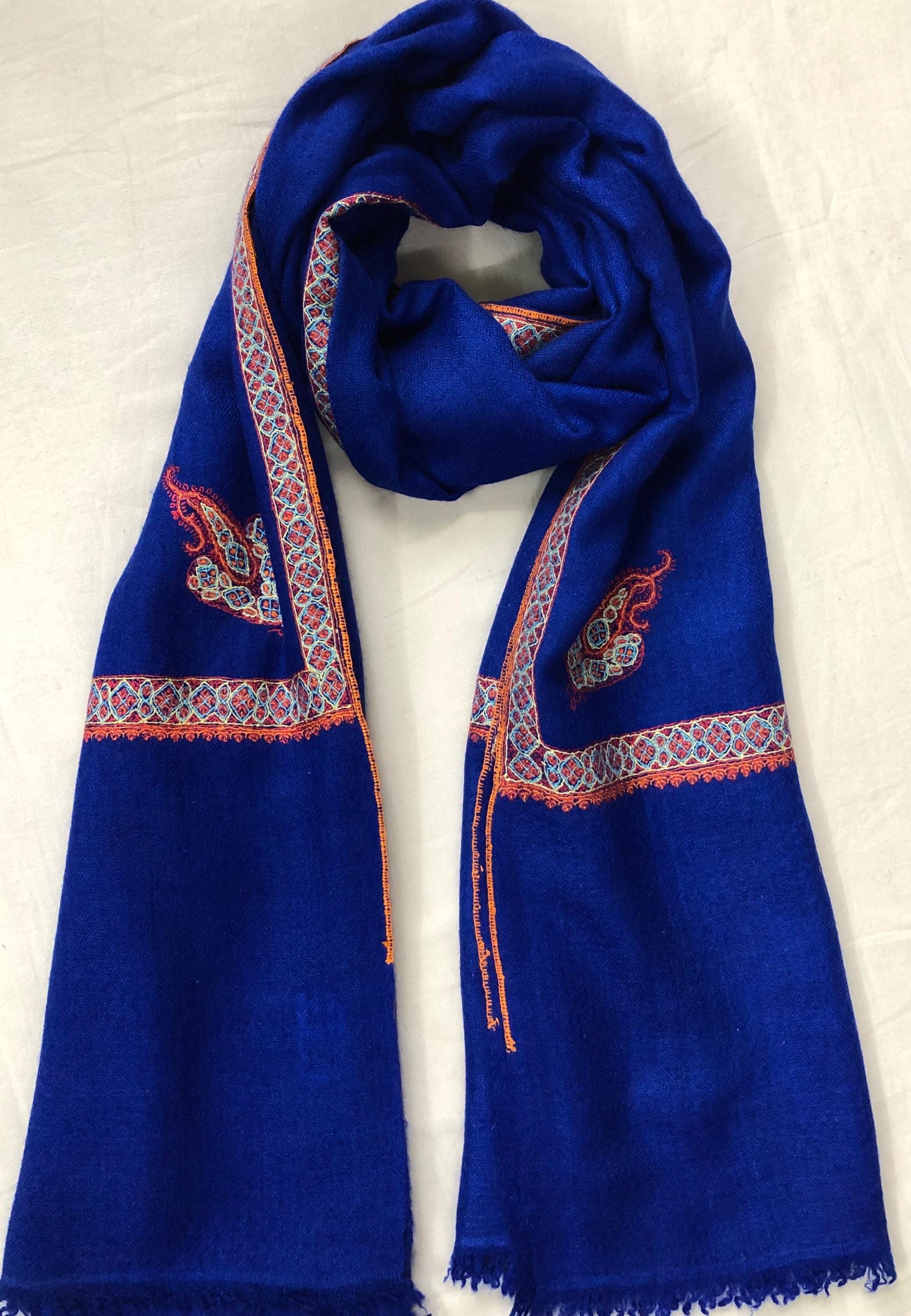 GI Sozani Pashmina Dazzling Blue Super Fine Hand Embroidered Border Handwoven Real Cashmere Pashmina Stole Scarf Shawl - Mehraj Crafts 