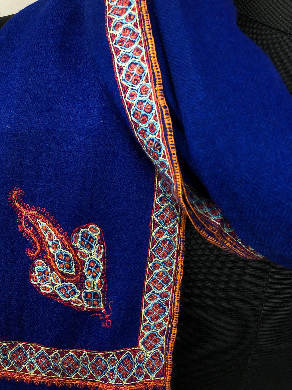 GI Sozani Pashmina Dazzling Blue Super Fine Hand Embroidered Border Handwoven Real Cashmere Pashmina Stole Scarf Shawl - Mehraj Crafts 