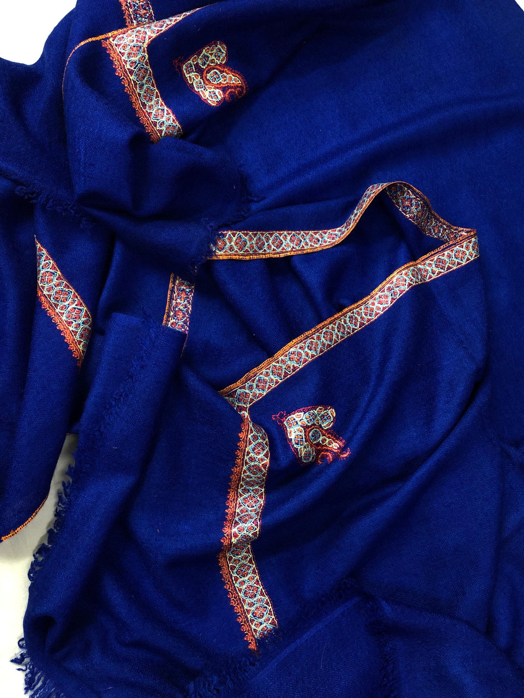 GI Sozani Pashmina Dazzling Blue Super Fine Hand Embroidered Border Handwoven Real Cashmere Pashmina Stole Scarf Shawl - Mehraj Crafts 