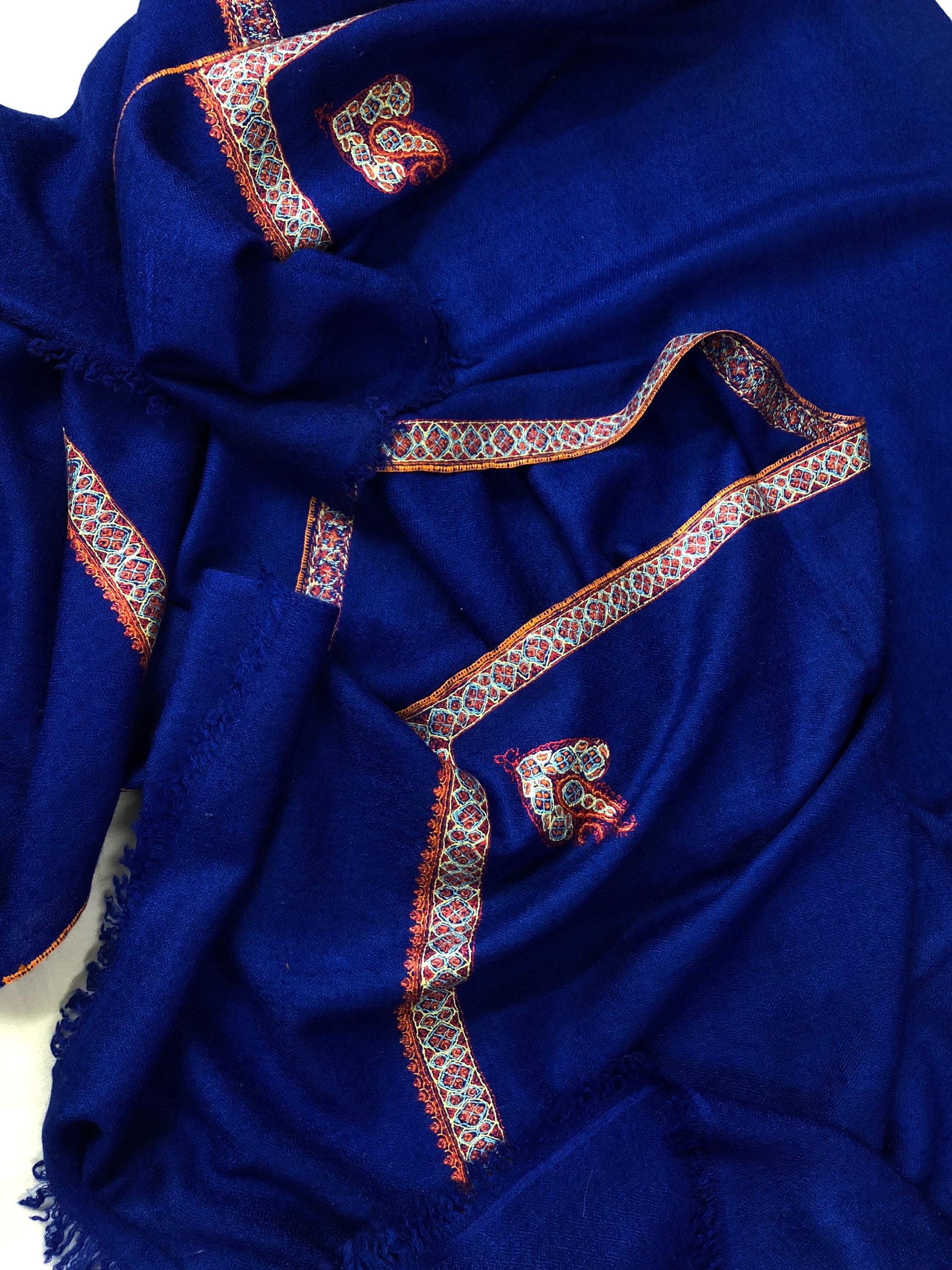 GI Sozani Pashmina Dazzling Blue Super Fine Hand Embroidered Border Handwoven Real Cashmere Pashmina Stole Scarf Shawl - Mehraj Crafts 