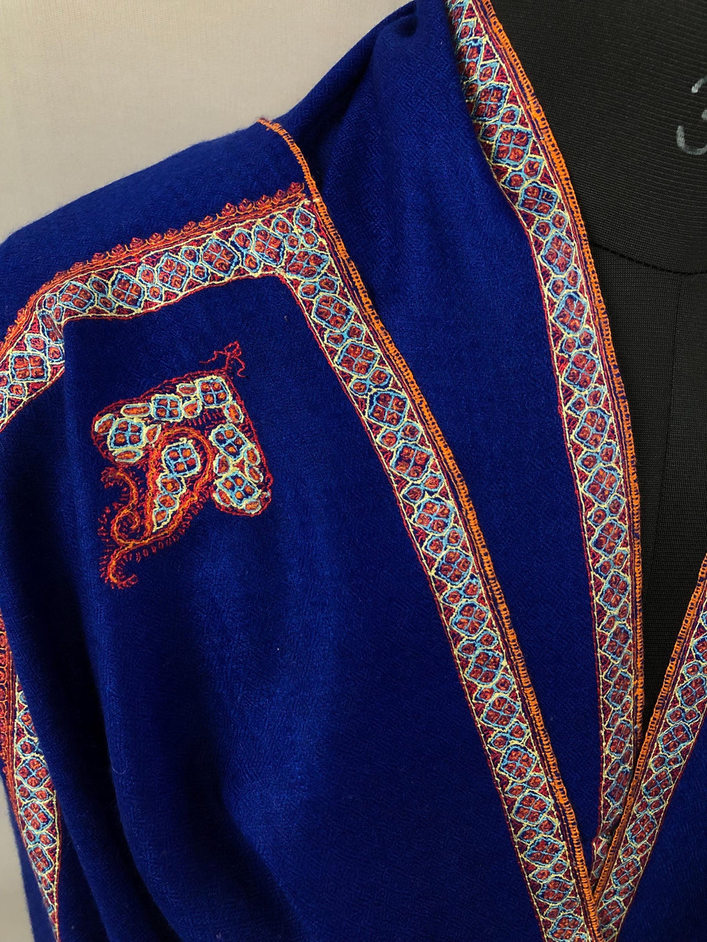 GI Sozani Pashmina Dazzling Blue Super Fine Hand Embroidered Border Handwoven Real Cashmere Pashmina Stole Scarf Shawl - Mehraj Crafts 