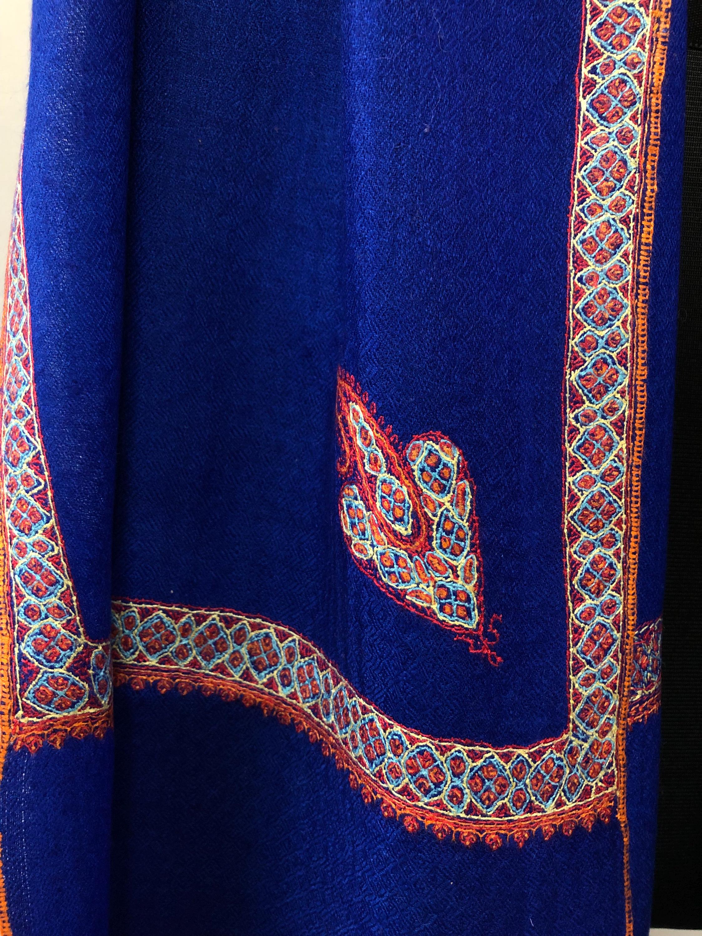 GI Sozani Pashmina Dazzling Blue Super Fine Hand Embroidered Border Handwoven Real Cashmere Pashmina Stole Scarf Shawl - Mehraj Crafts 