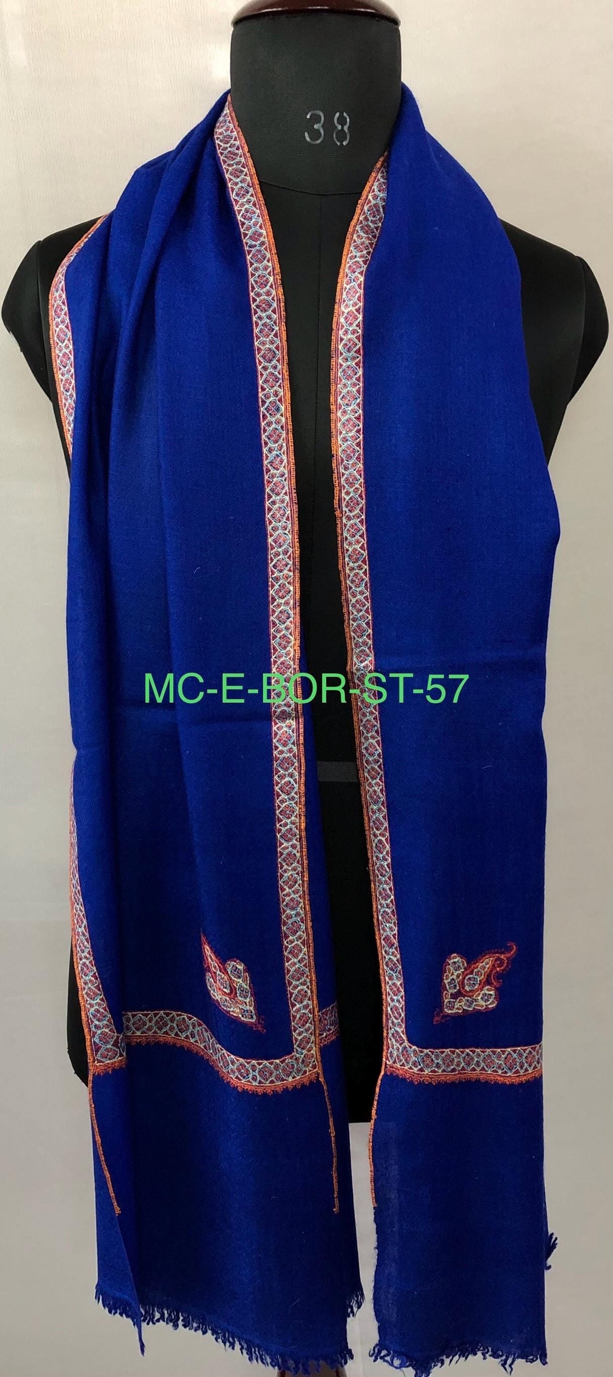 GI Sozani Pashmina Dazzling Blue Super Fine Hand Embroidered Border Handwoven Real Cashmere Pashmina Stole Scarf Shawl - Mehraj Crafts 