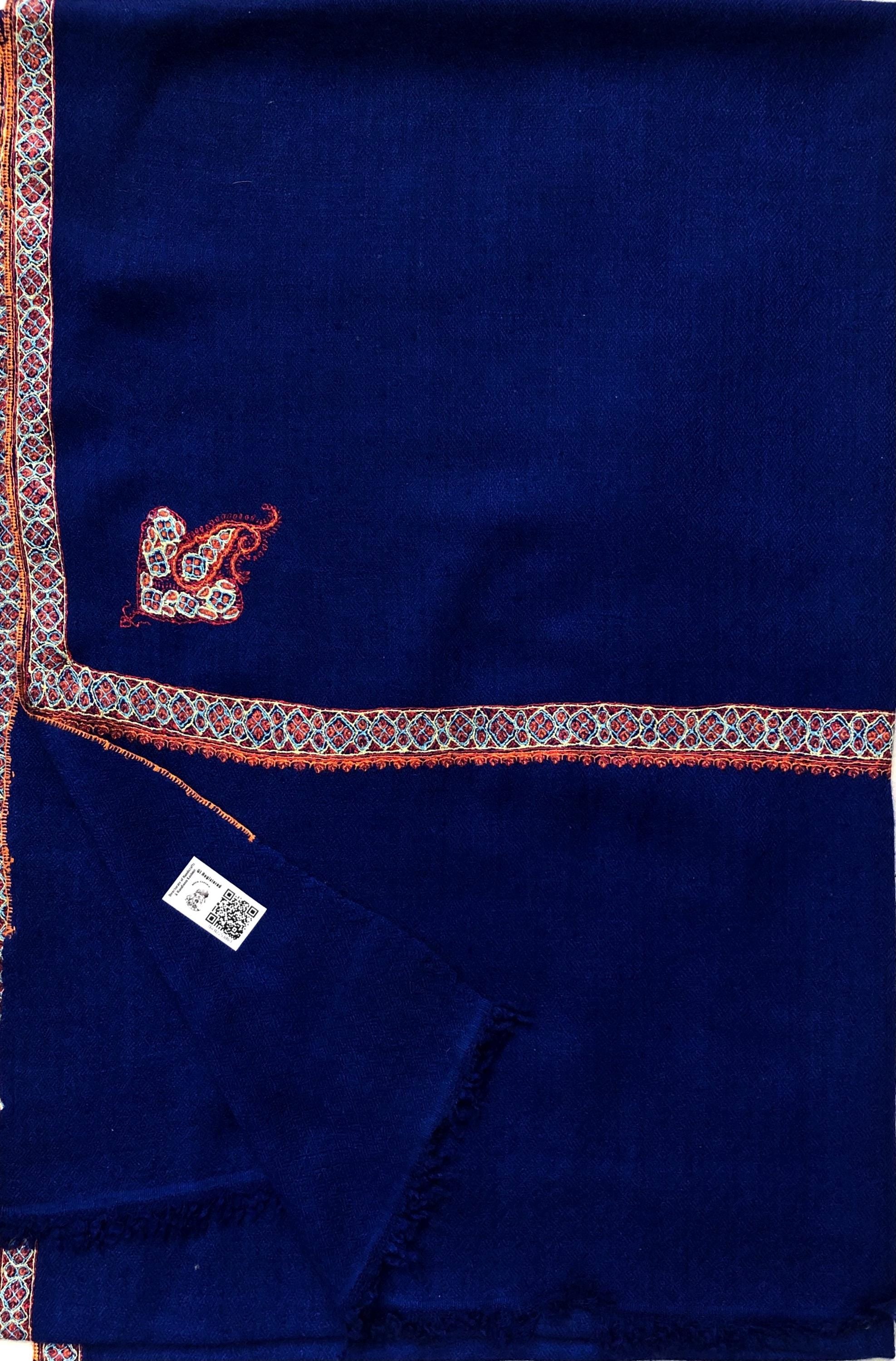 GI Sozani Pashmina Dazzling Blue Super Fine Hand Embroidered Border Handwoven Real Cashmere Pashmina Stole Scarf Shawl - Mehraj Crafts 