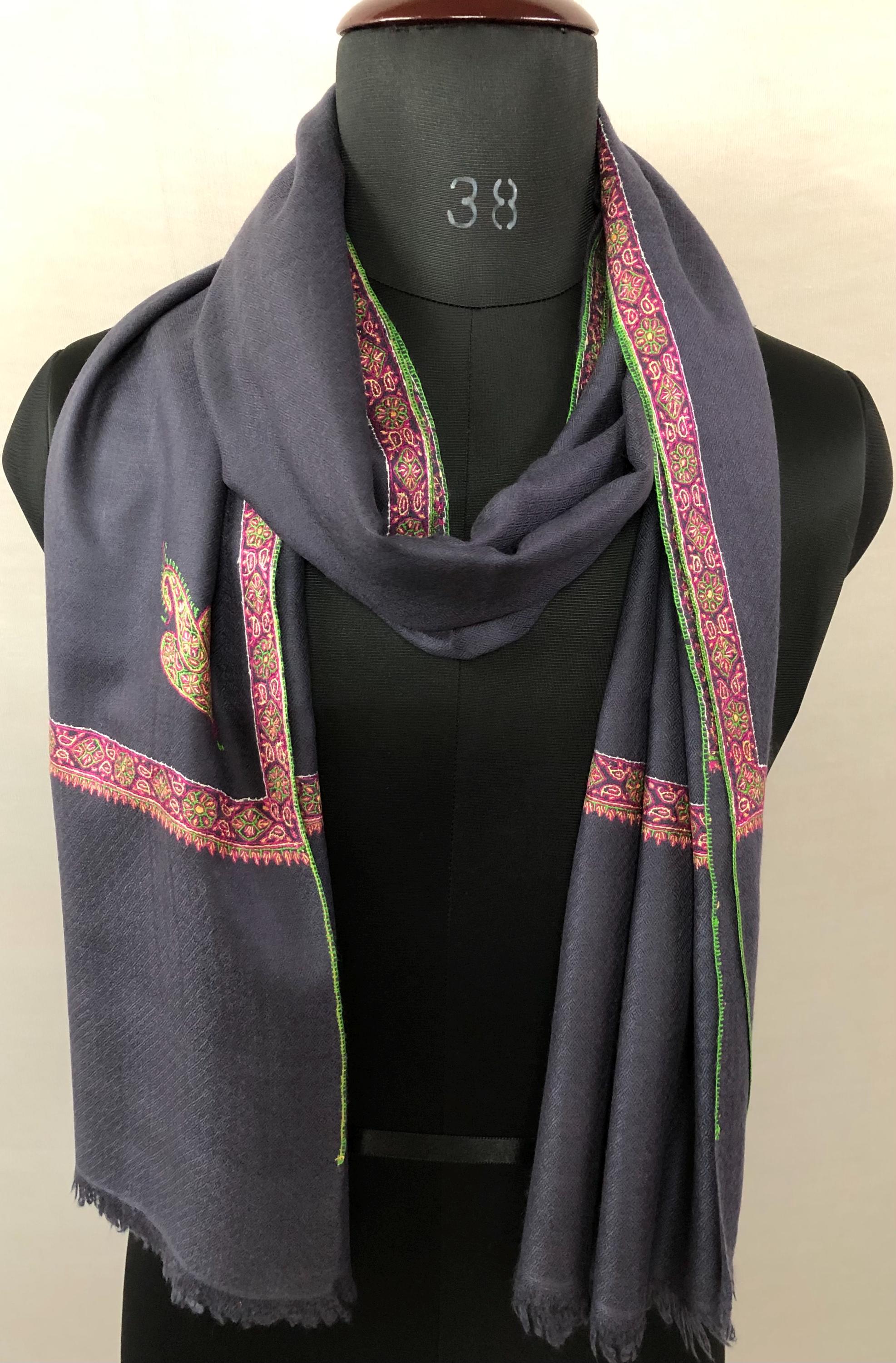 GI Sozani Certified Kashmir Pashmina Dark Bluish Grey Super Fine Hand Embroidered Border Handwoven Real Cashmere Pashmina Scarf - Mehraj Crafts 