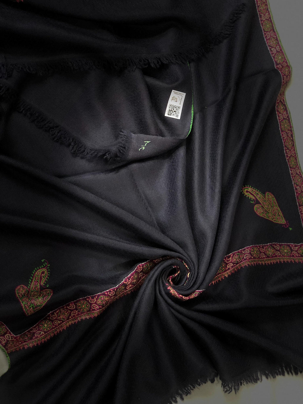 GI Sozani Certified Kashmir Pashmina Dark Bluish Grey Super Fine Hand Embroidered Border Handwoven Real Cashmere Pashmina Scarf - Mehraj Crafts 