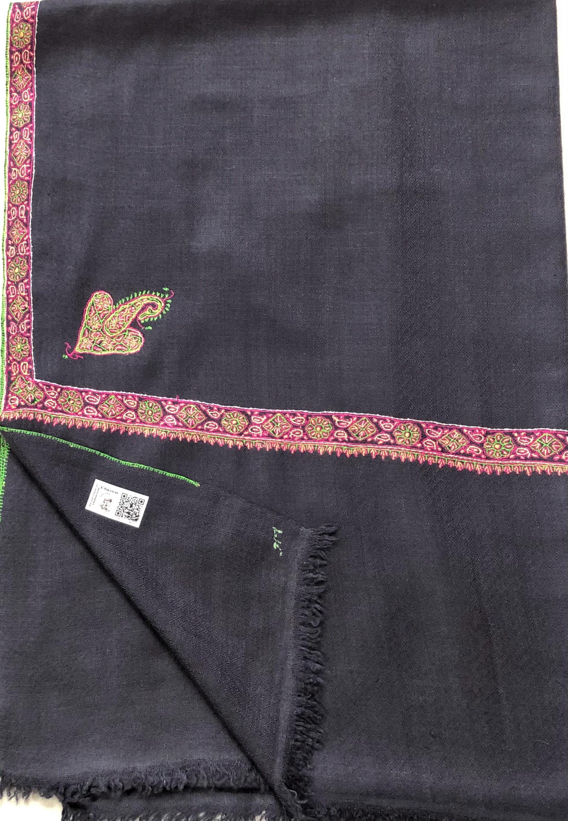 GI Sozani Certified Kashmir Pashmina Dark Bluish Grey Super Fine Hand Embroidered Border Handwoven Real Cashmere Pashmina Scarf - Mehraj Crafts 