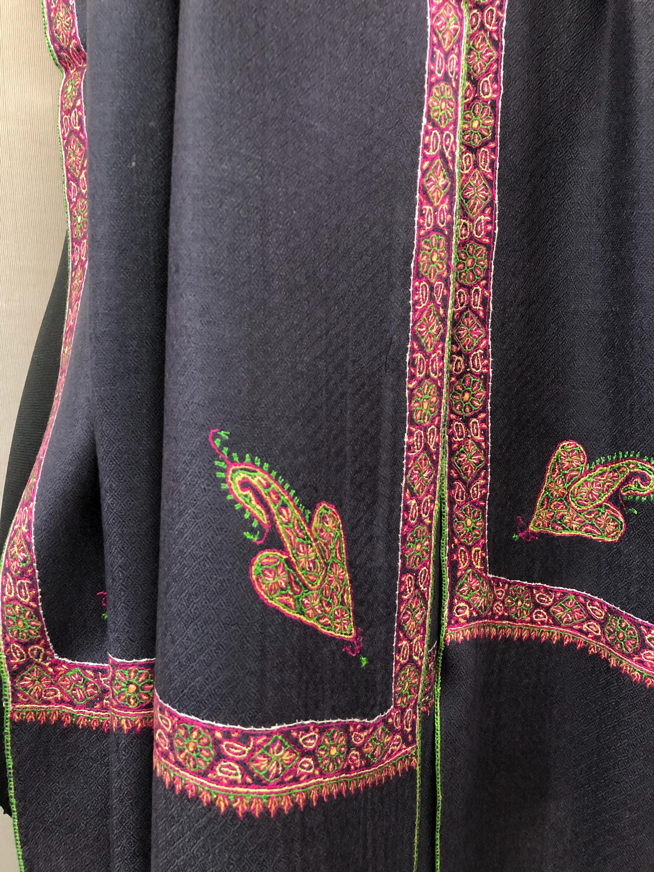 GI Sozani Certified Kashmir Pashmina Dark Bluish Grey Super Fine Hand Embroidered Border Handwoven Real Cashmere Pashmina Scarf - Mehraj Crafts 