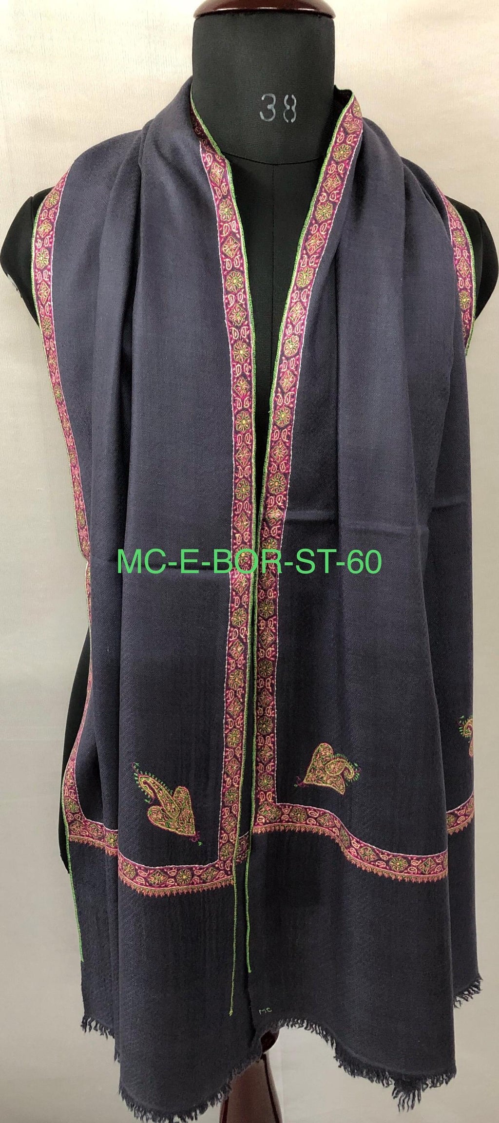 GI Sozani Certified Kashmir Pashmina Dark Bluish Grey Super Fine Hand Embroidered Border Handwoven Real Cashmere Pashmina Scarf - Mehraj Crafts 