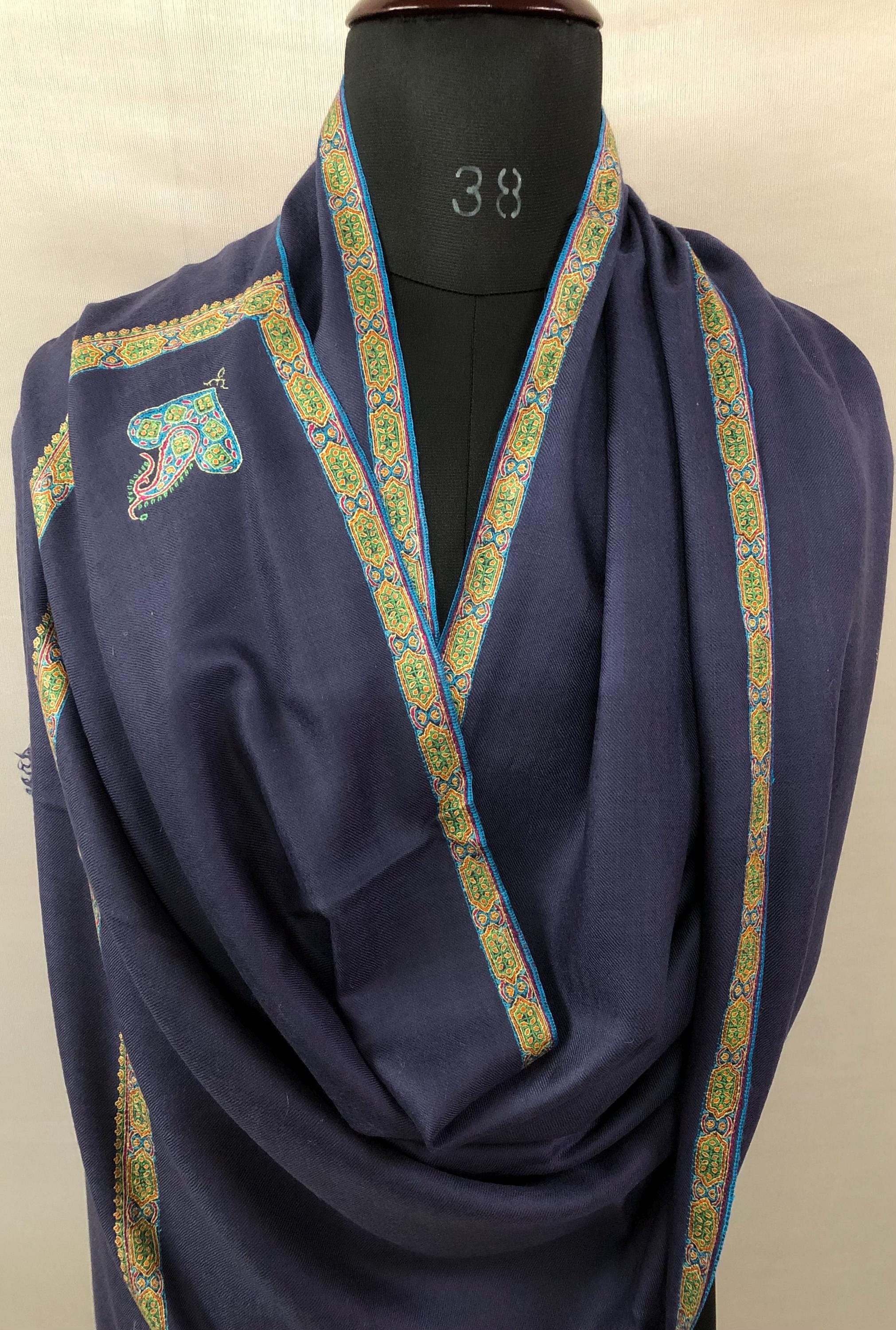 GI Sozani Certified Kashmir Pashmina Estate Blue Super Fine Hand Embroidered Border Handwoven Real Cashmere Pashmina Scarf - Mehraj Crafts 