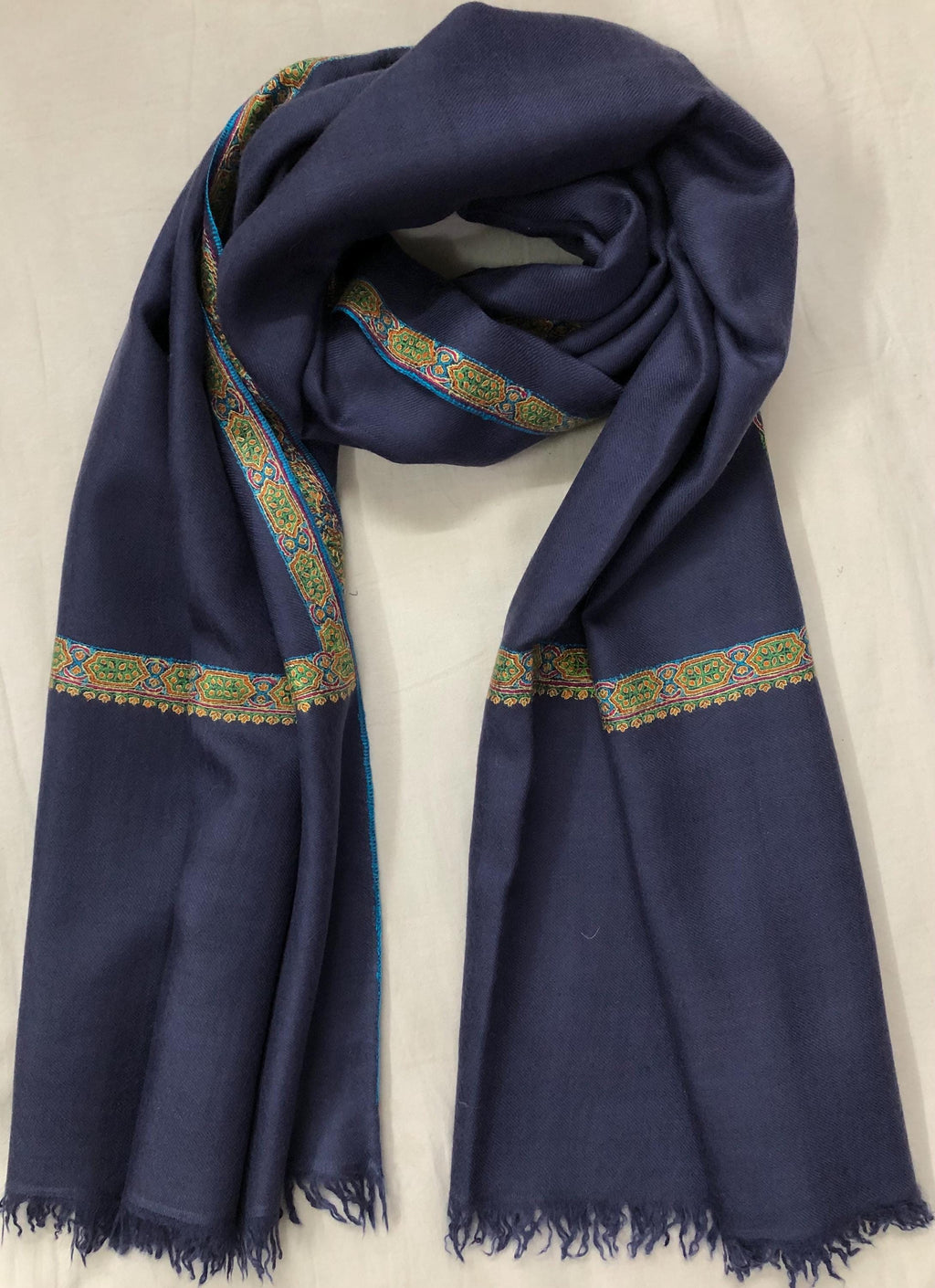 GI Sozani Certified Kashmir Pashmina Estate Blue Super Fine Hand Embroidered Border Handwoven Real Cashmere Pashmina Scarf - Mehraj Crafts 