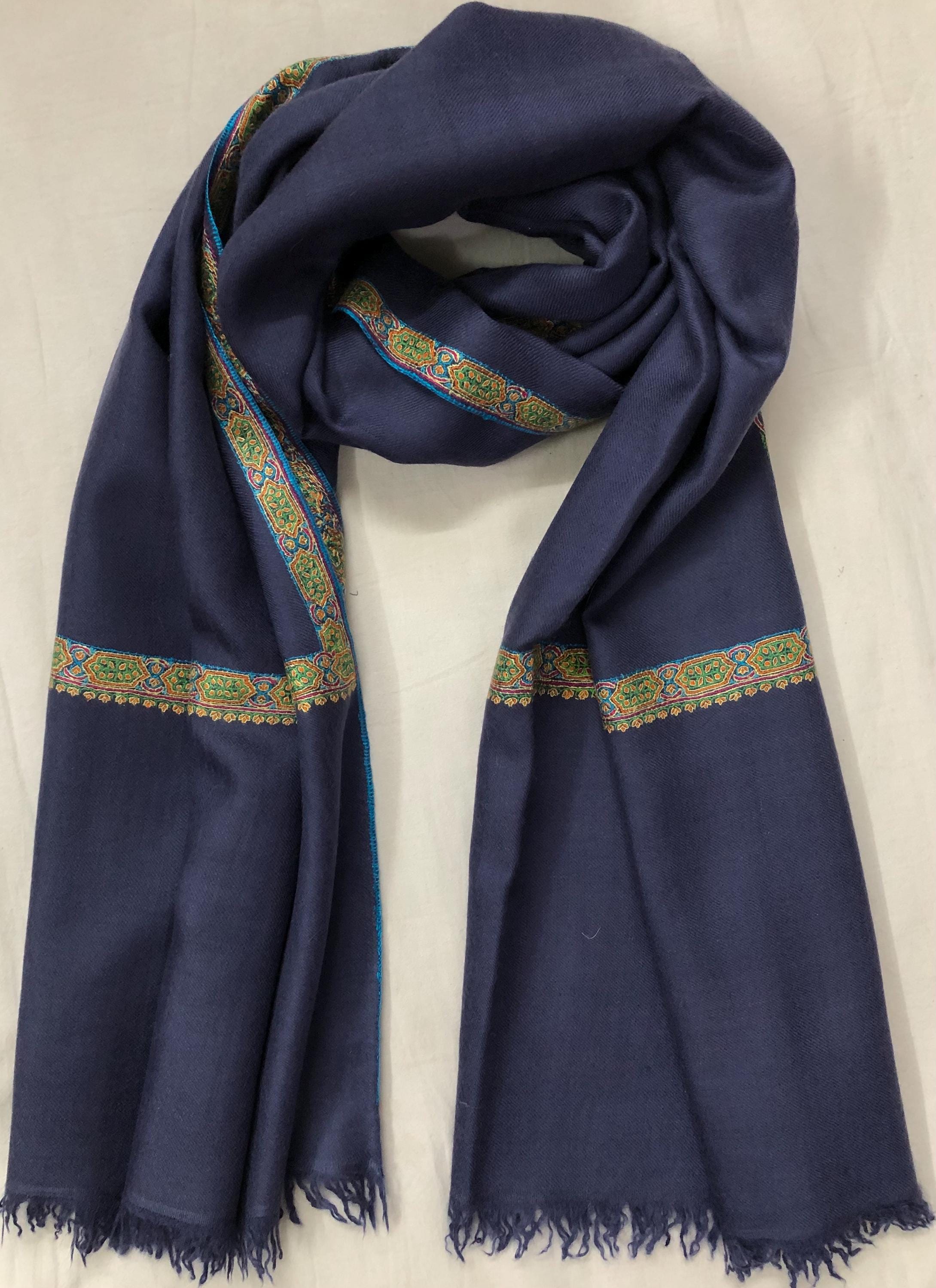 GI Sozani Certified Kashmir Pashmina Estate Blue Super Fine Hand Embroidered Border Handwoven Real Cashmere Pashmina Scarf - Mehraj Crafts 