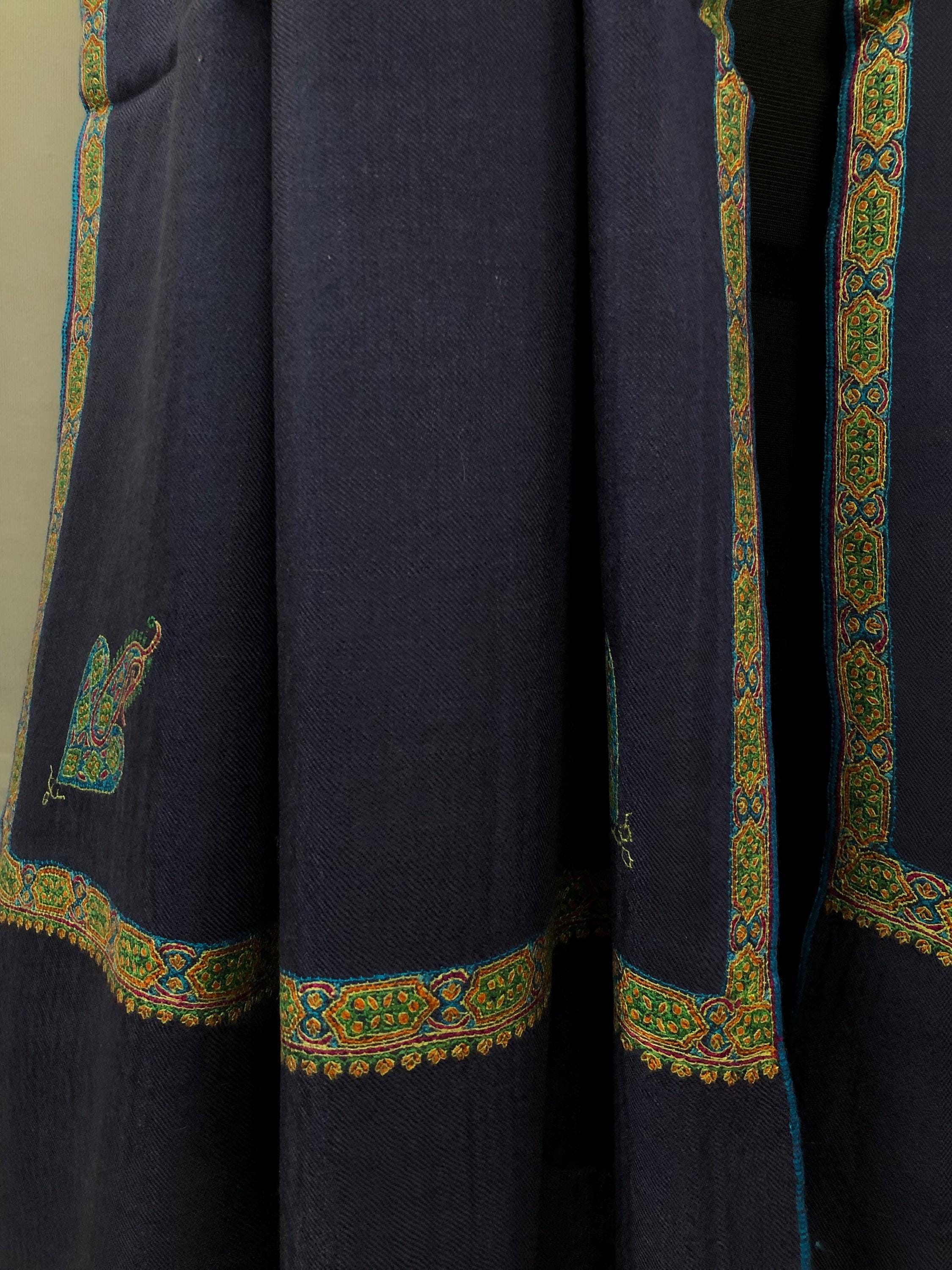 GI Sozani Certified Kashmir Pashmina Estate Blue Super Fine Hand Embroidered Border Handwoven Real Cashmere Pashmina Scarf - Mehraj Crafts 