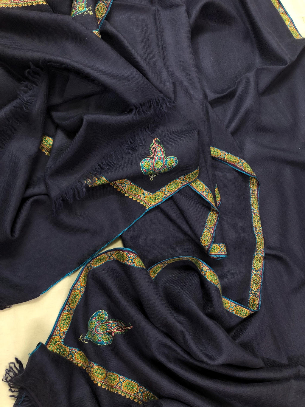 GI Sozani Certified Kashmir Pashmina Estate Blue Super Fine Hand Embroidered Border Handwoven Real Cashmere Pashmina Scarf - Mehraj Crafts 