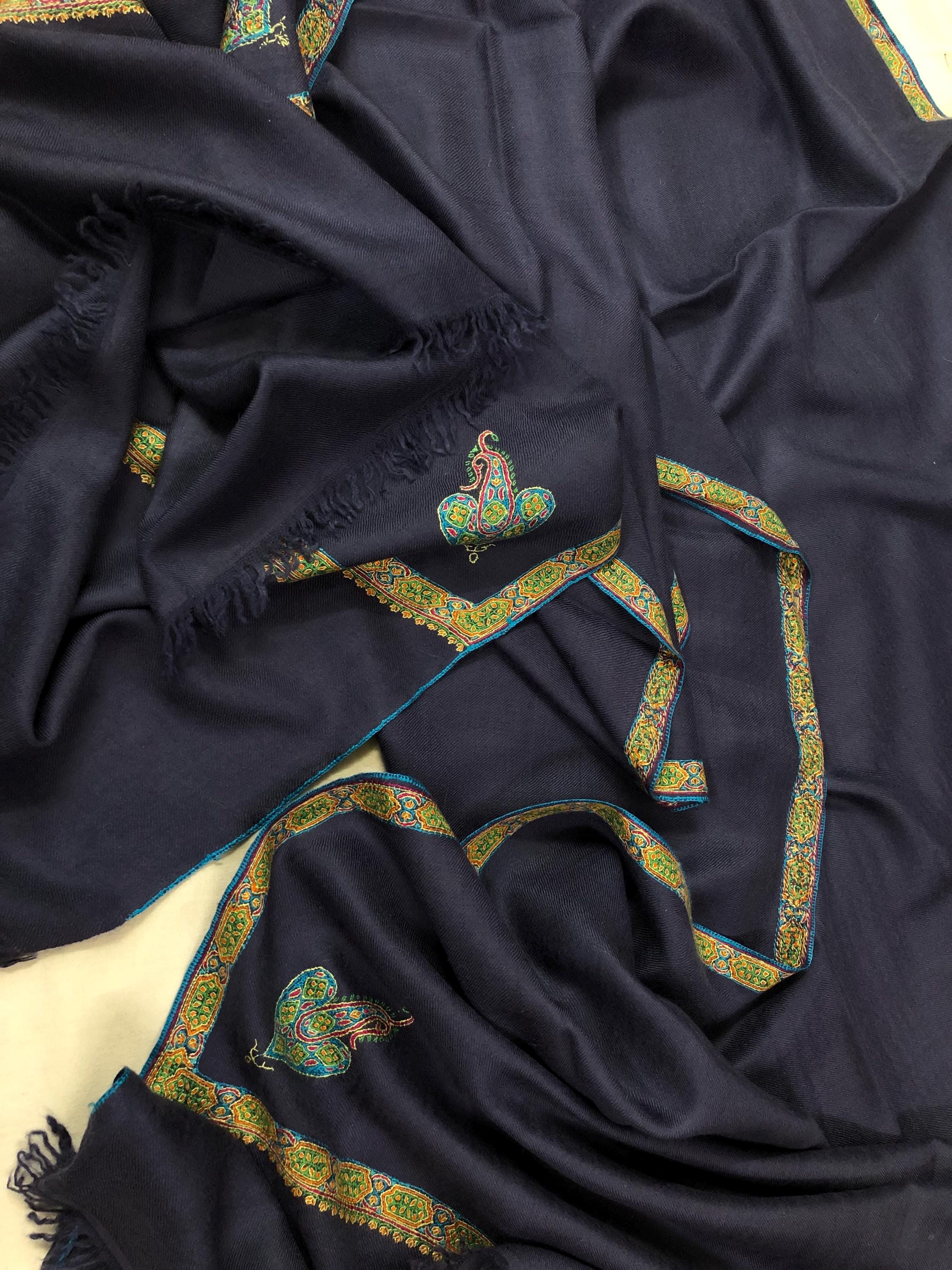 GI Sozani Certified Kashmir Pashmina Estate Blue Super Fine Hand Embroidered Border Handwoven Real Cashmere Pashmina Scarf - Mehraj Crafts 