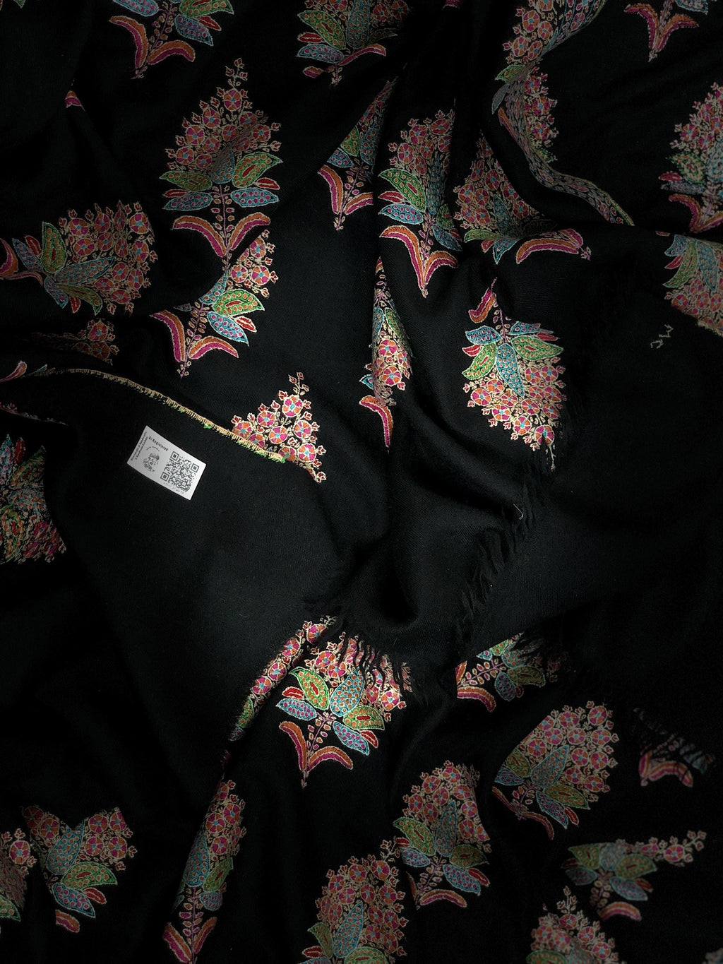 Whispering threads black super micro fine handcrafted grand jamawar embroidered GI Sozani certified kashmir pashmina LARGE shawl - Mehraj Crafts 