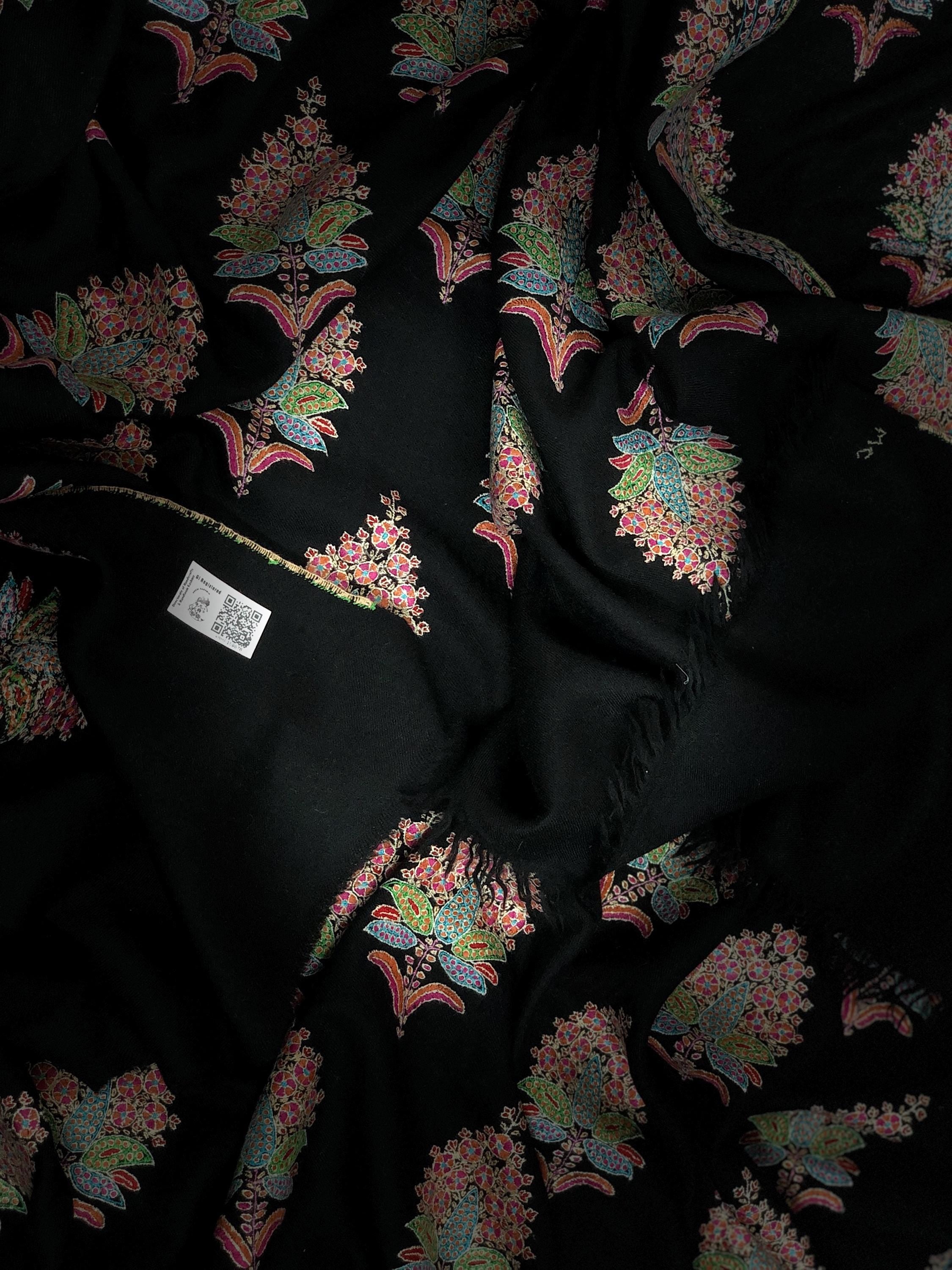 Whispering threads black super micro fine handcrafted grand jamawar embroidered GI Sozani certified kashmir pashmina LARGE shawl - Mehraj Crafts 