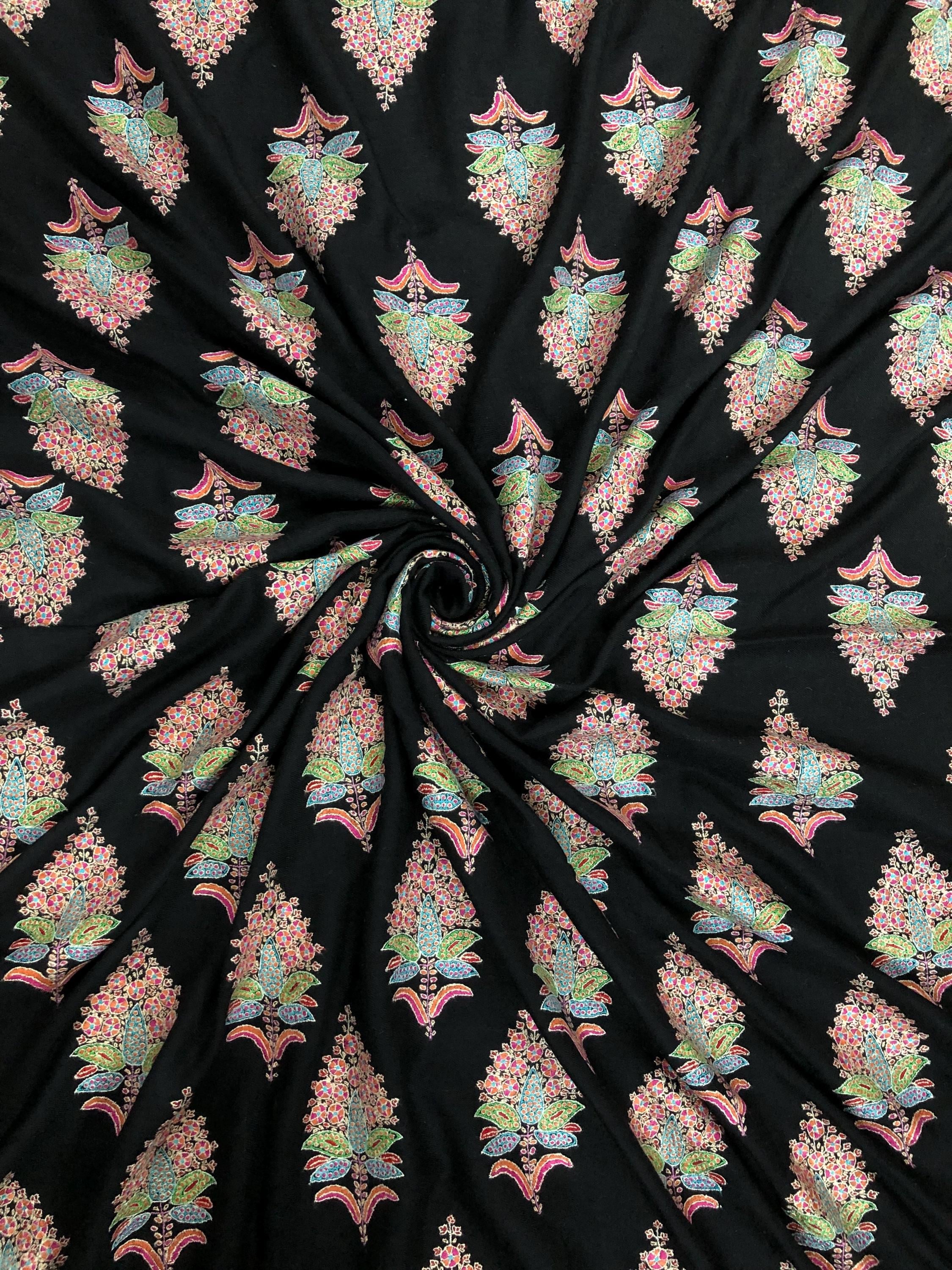 Whispering threads black super micro fine handcrafted grand jamawar embroidered GI Sozani certified kashmir pashmina LARGE shawl - Mehraj Crafts 