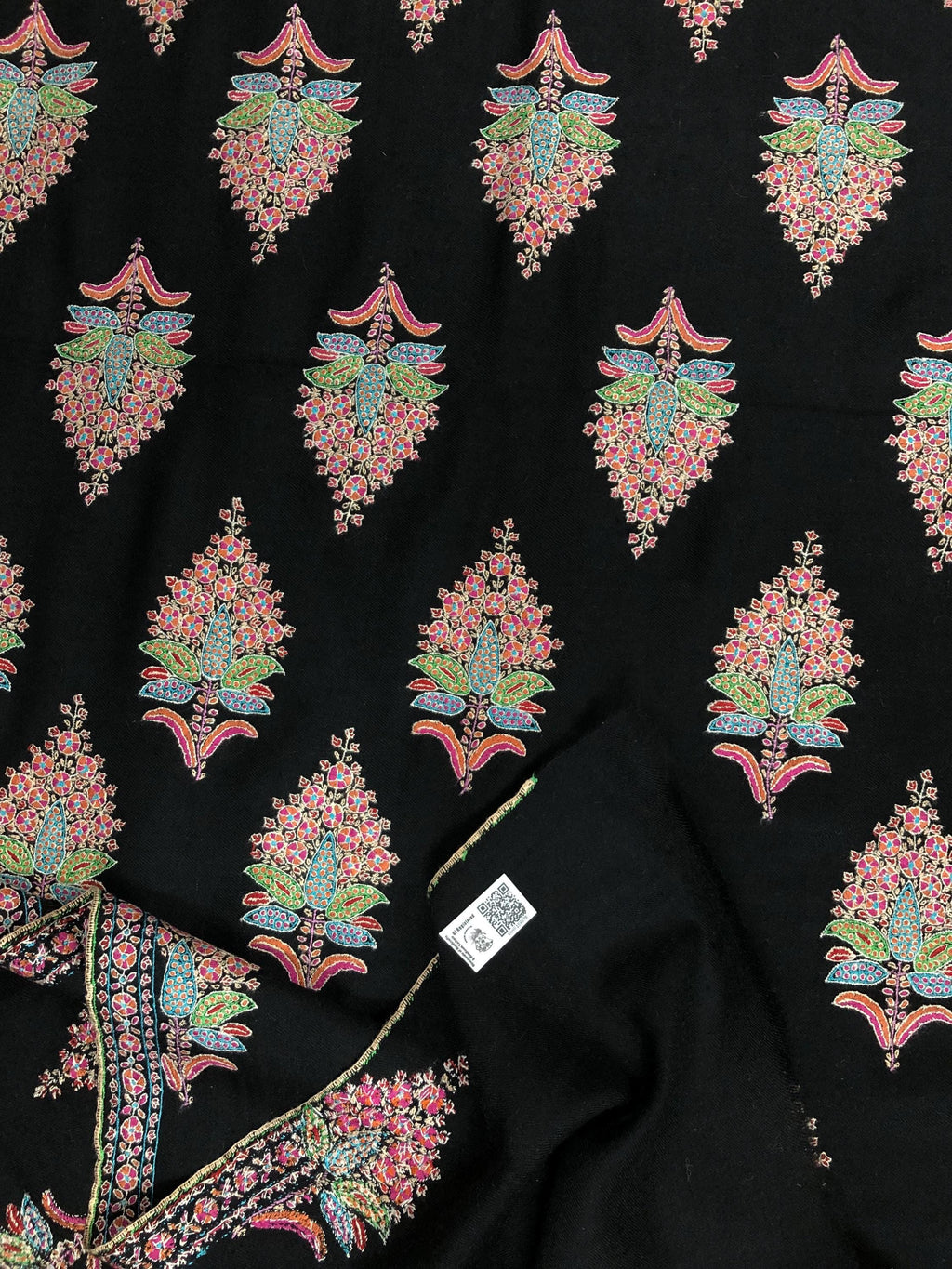 Whispering threads black super micro fine handcrafted grand jamawar embroidered GI Sozani certified kashmir pashmina LARGE shawl - Mehraj Crafts 