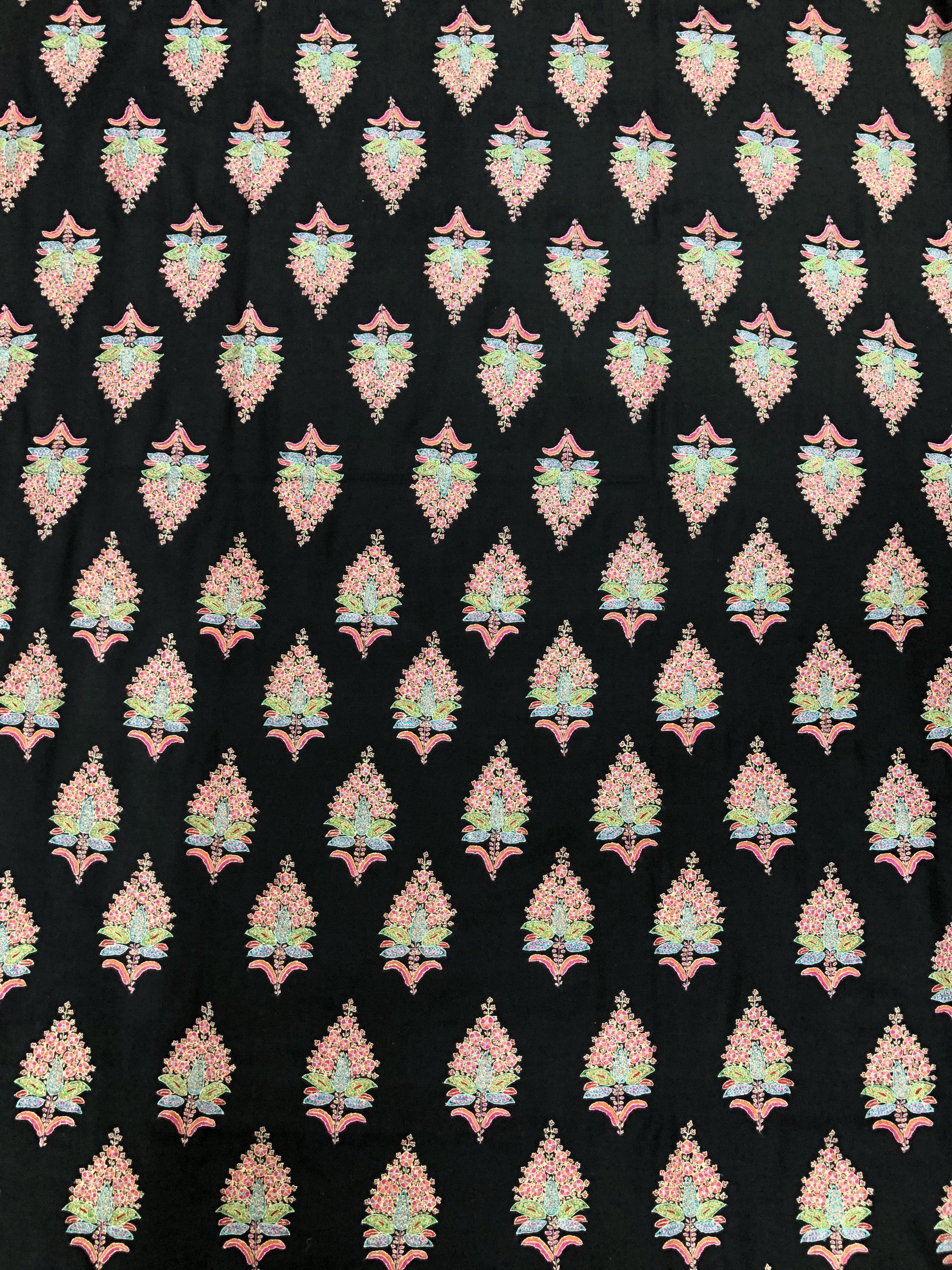 Whispering threads black super micro fine handcrafted grand jamawar embroidered GI Sozani certified kashmir pashmina LARGE shawl - Mehraj Crafts 