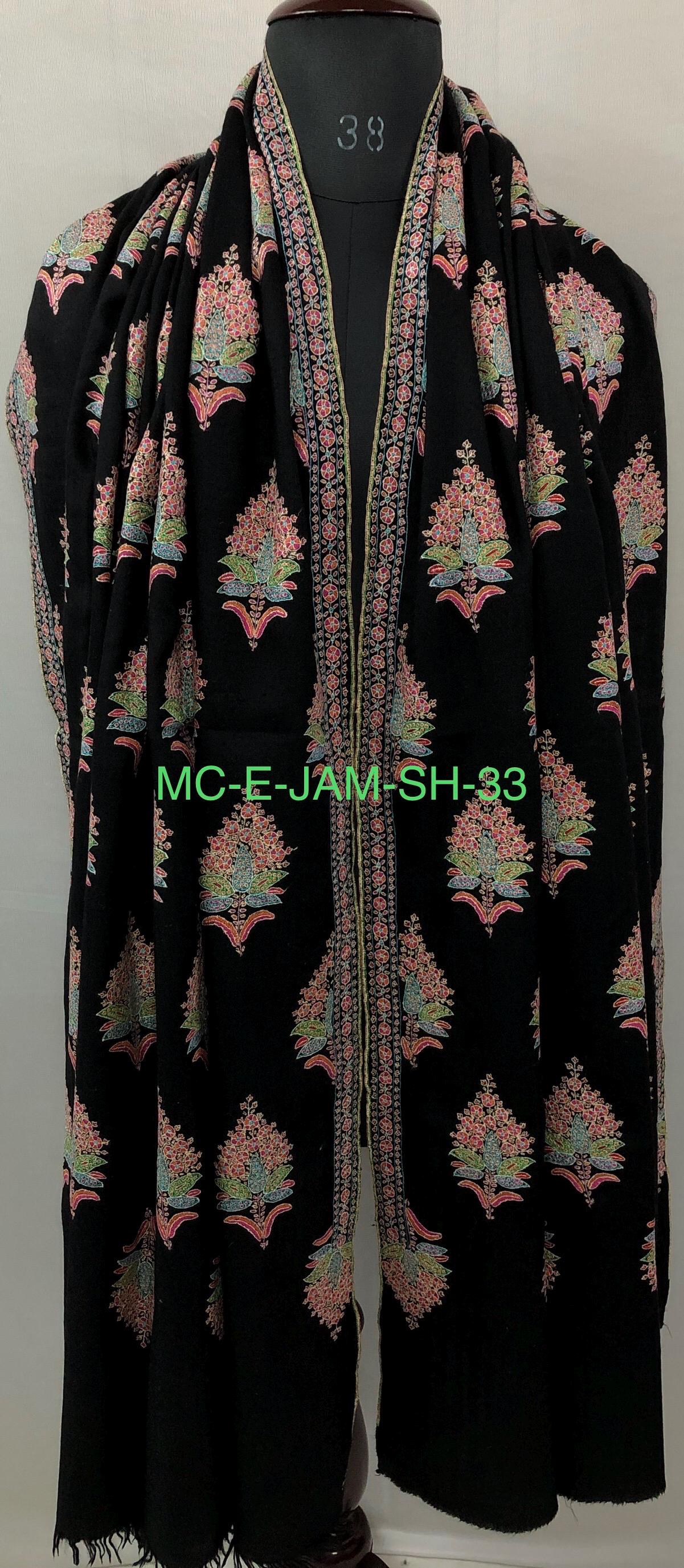 Whispering threads black super micro fine handcrafted grand jamawar embroidered GI Sozani certified kashmir pashmina LARGE shawl - Mehraj Crafts 