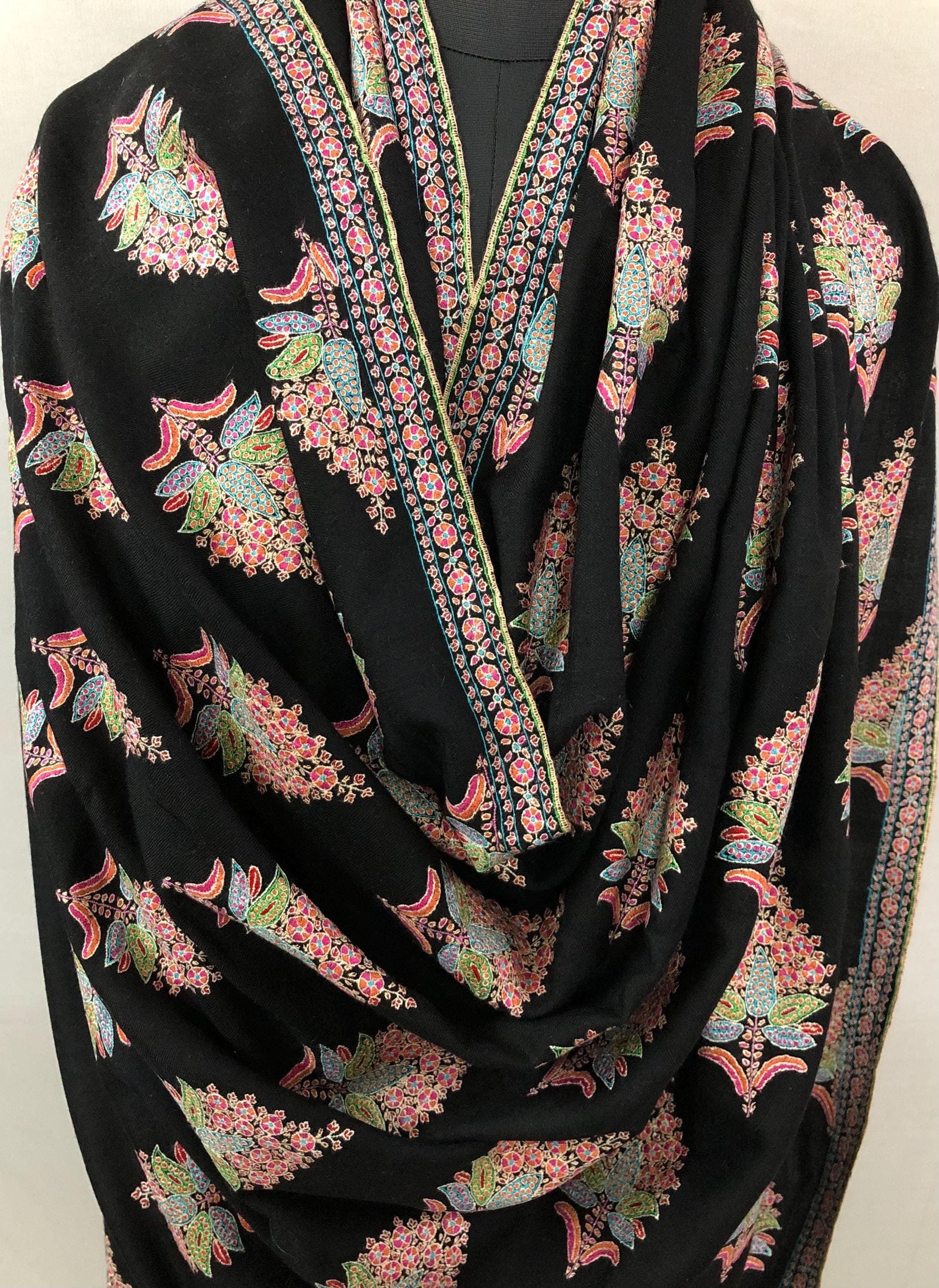 Whispering threads black super micro fine handcrafted grand jamawar embroidered GI Sozani certified kashmir pashmina LARGE shawl - Mehraj Crafts 
