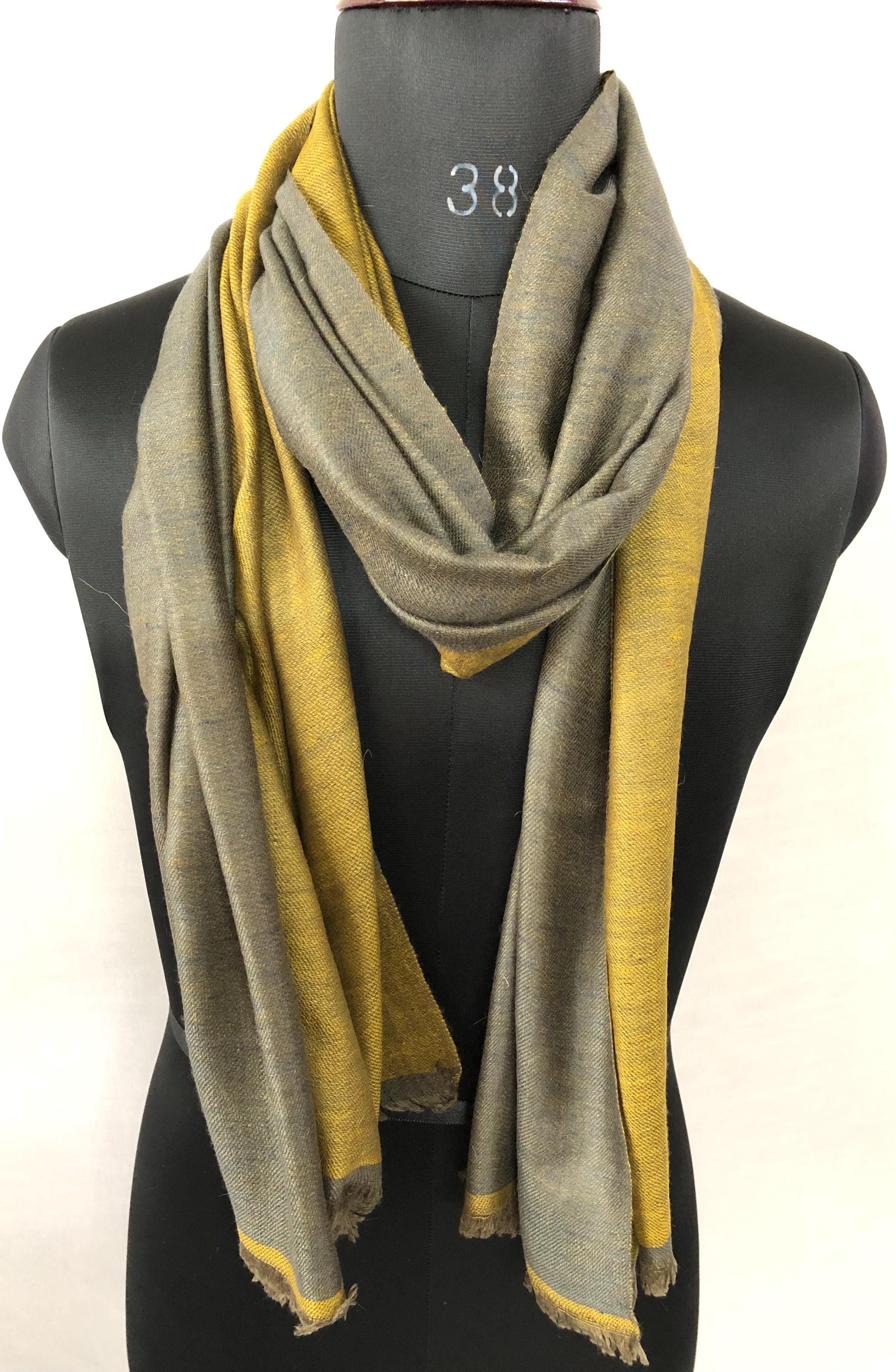 Mustard gold and charcoal grey Reversible Handmade Real Cashmere Pashmina Scarf - Mehraj Crafts 