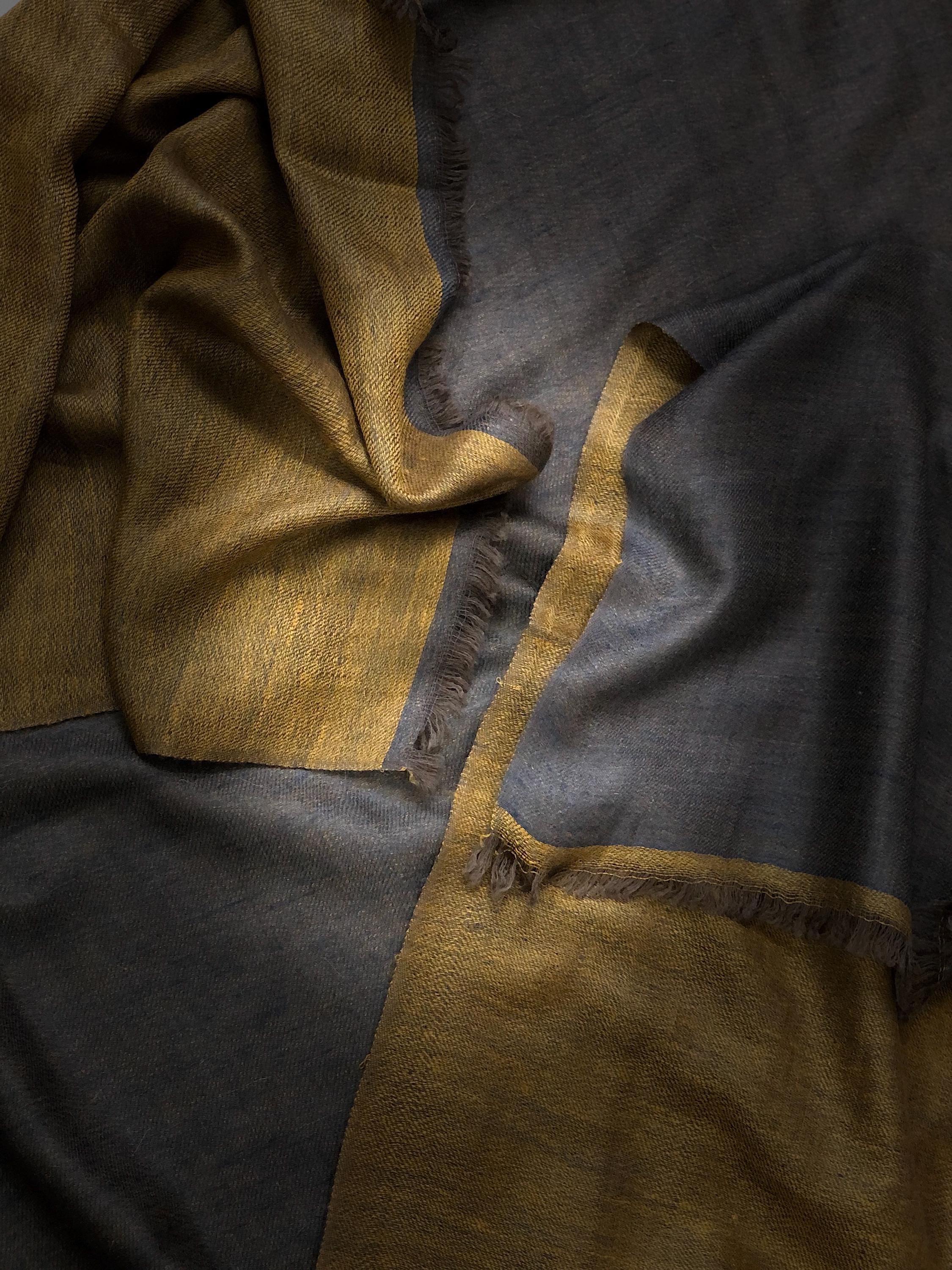 Mustard gold and charcoal grey Reversible Handmade Real Cashmere Pashmina Scarf - Mehraj Crafts 