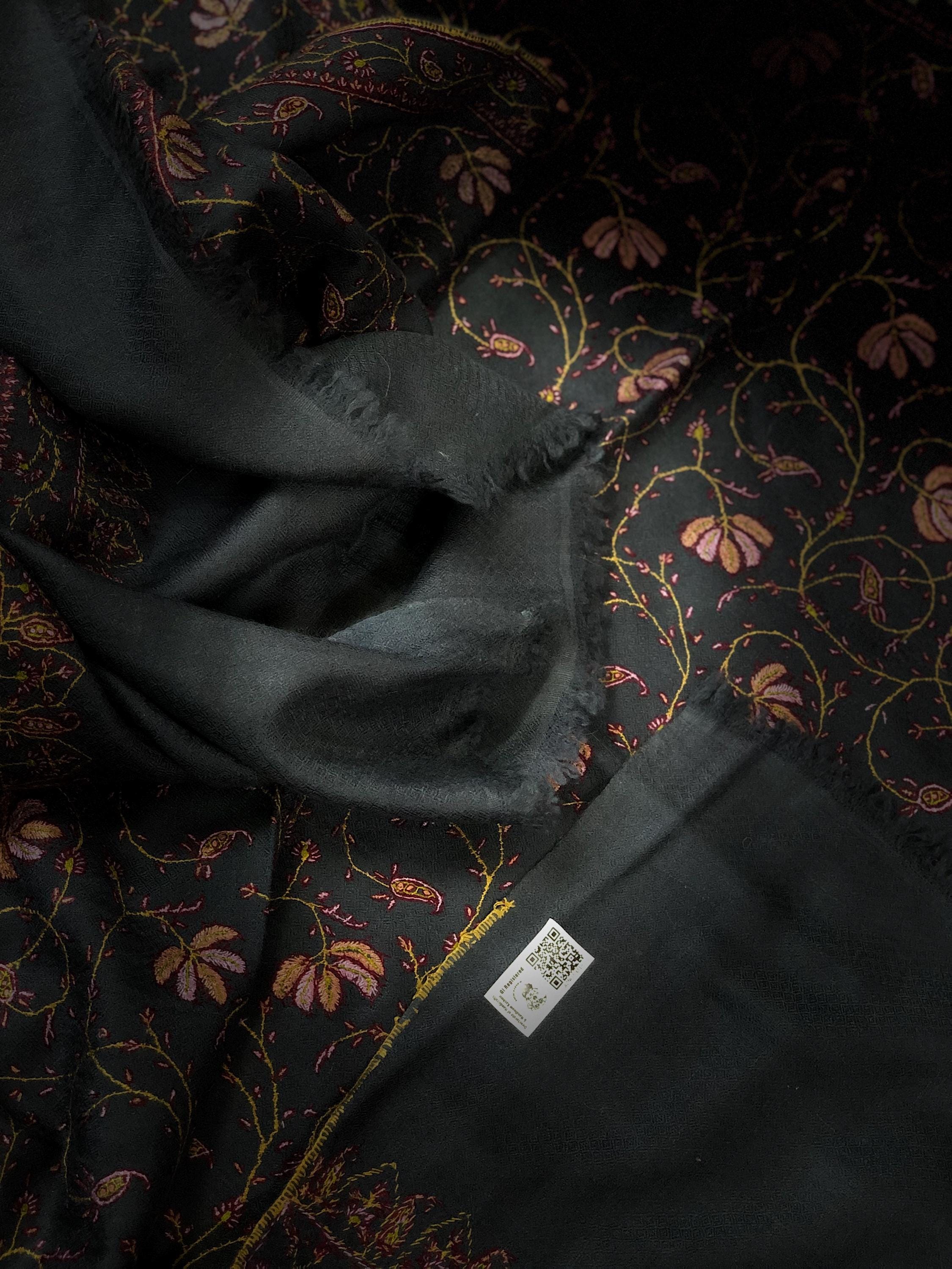 Charcoal Gray Pashmina Scarf: Hand-Embroidered Maple Jaal Design