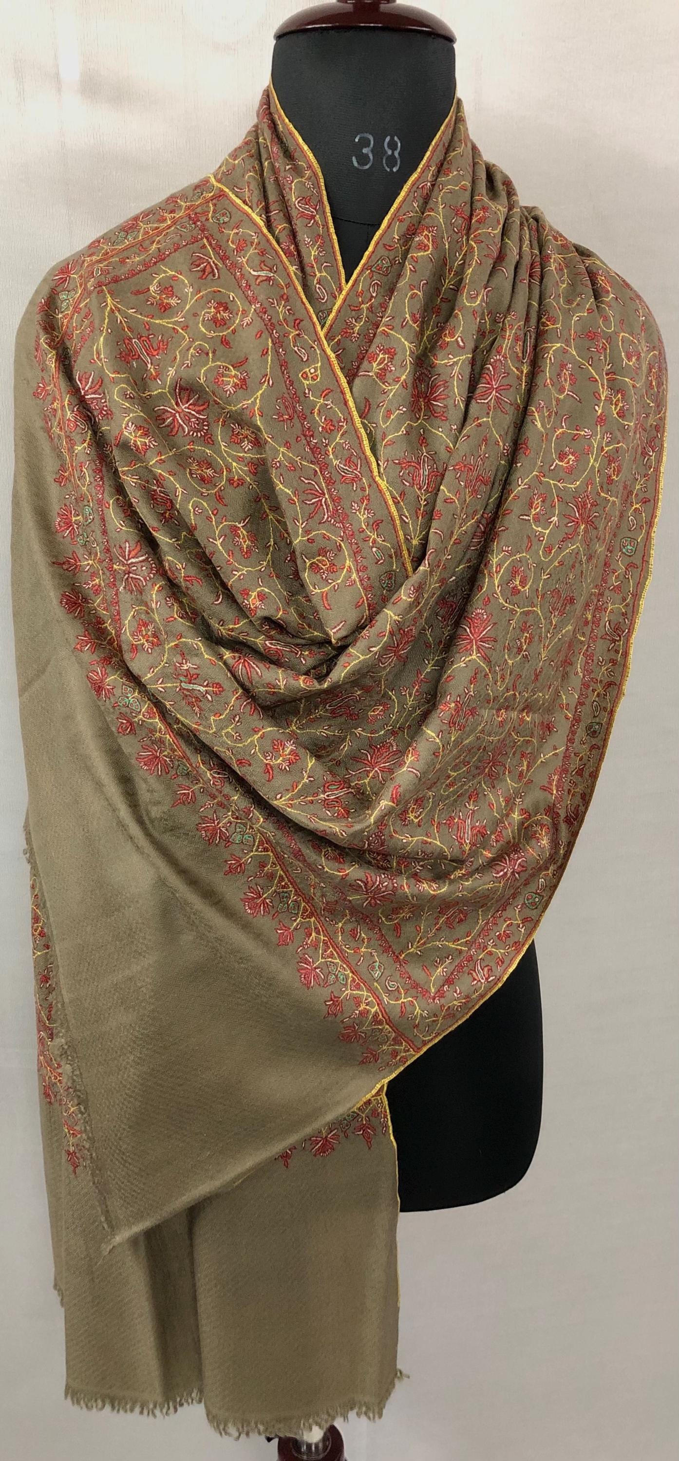 Handwoven Cashmere Pashmina Shawl: Taupe Jaal Embroidery, Bridal Wedding Scarf | 70 cms X 200 cms