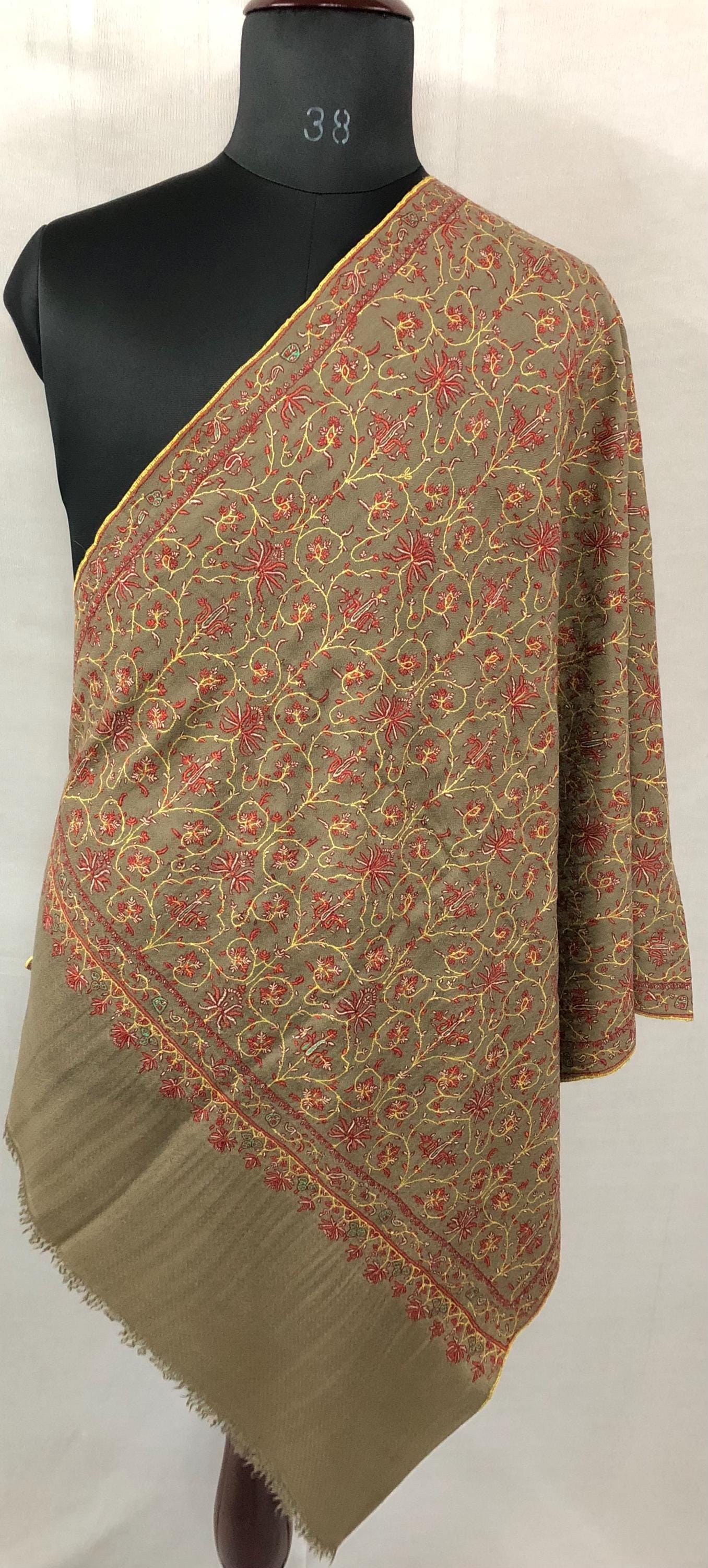 Handwoven Cashmere Pashmina Shawl: Taupe Jaal Embroidery, Bridal Wedding Scarf | 70 cms X 200 cms