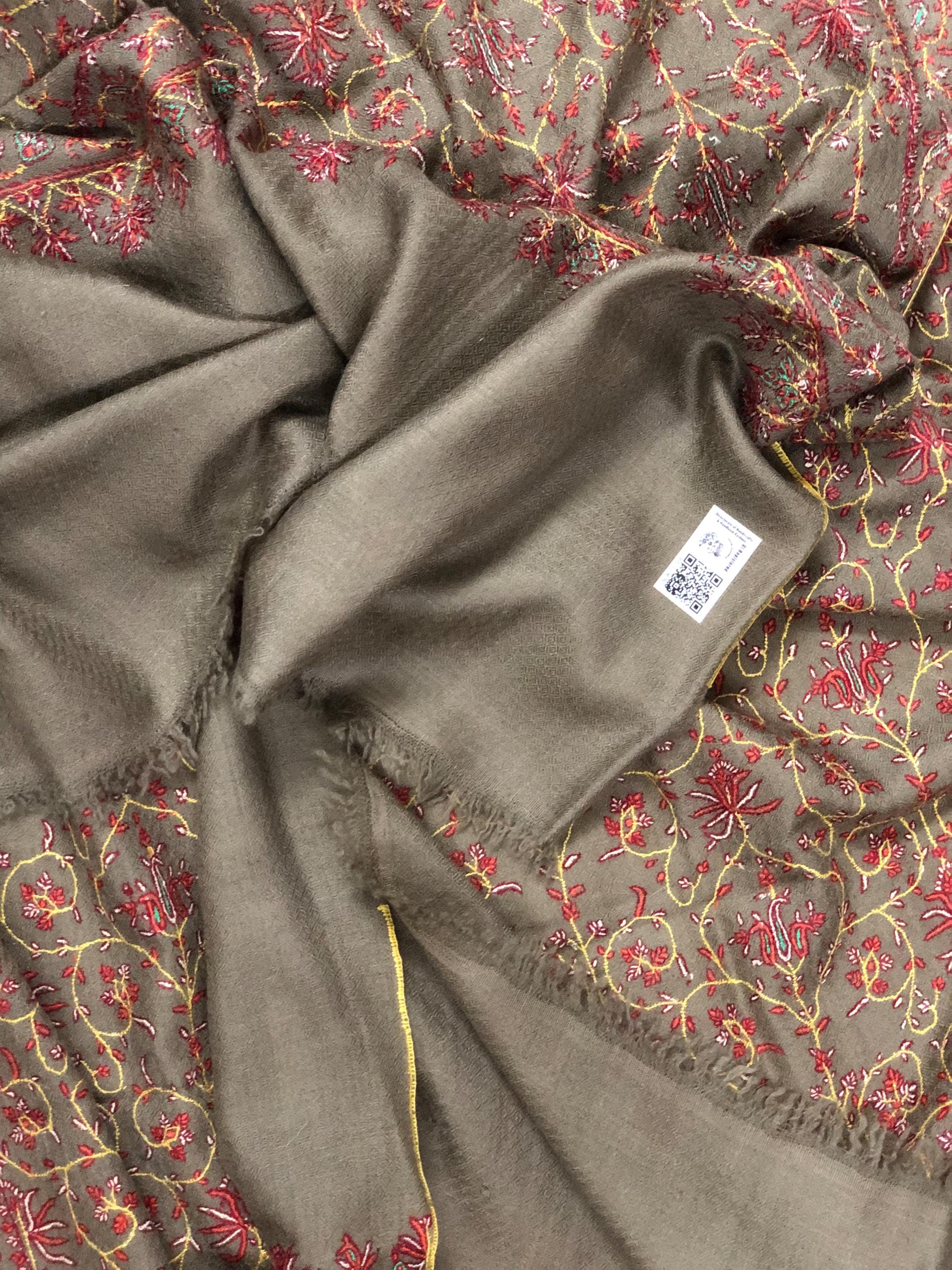 Elegant royal taupe jaal embroidery artisanal cashmere pashmina shawl, scarf, bridesmaid gift, bridal shawl, wedding shawl, scarf - Mehraj Crafts 