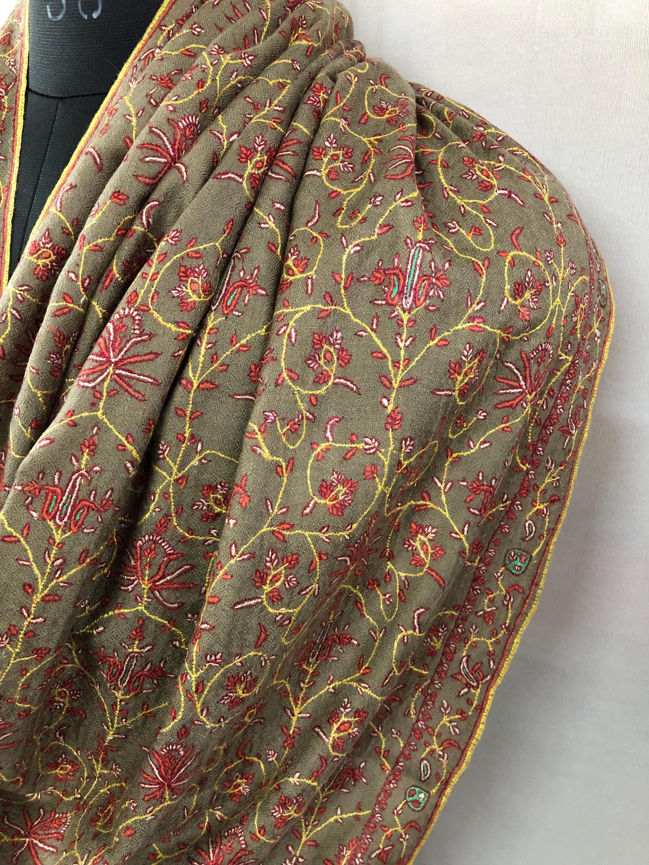 Elegant royal taupe jaal embroidery artisanal cashmere pashmina shawl, scarf, bridesmaid gift, bridal shawl, wedding shawl, scarf - Mehraj Crafts 