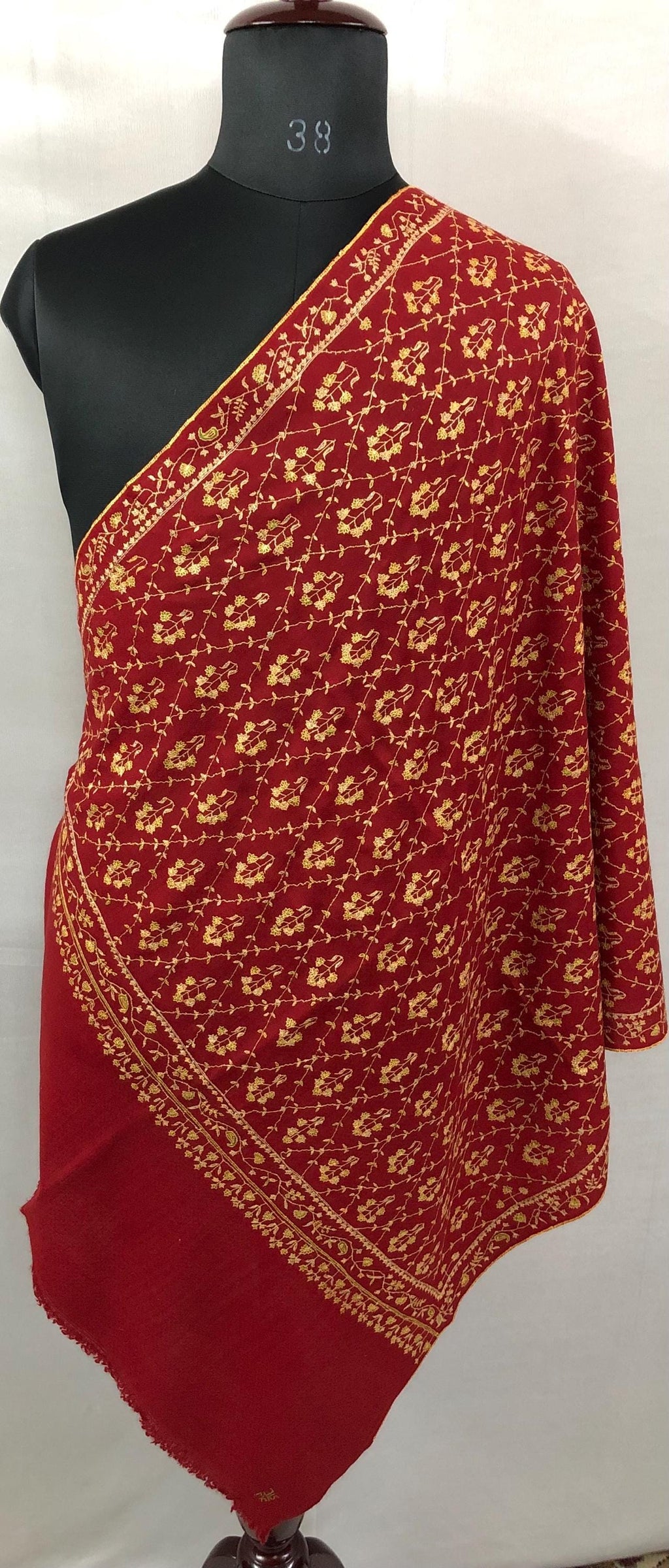 Handcrafted Red Pashmina Scarf: Kashmiri Embroidery, Bridal Gift (70x200cms)