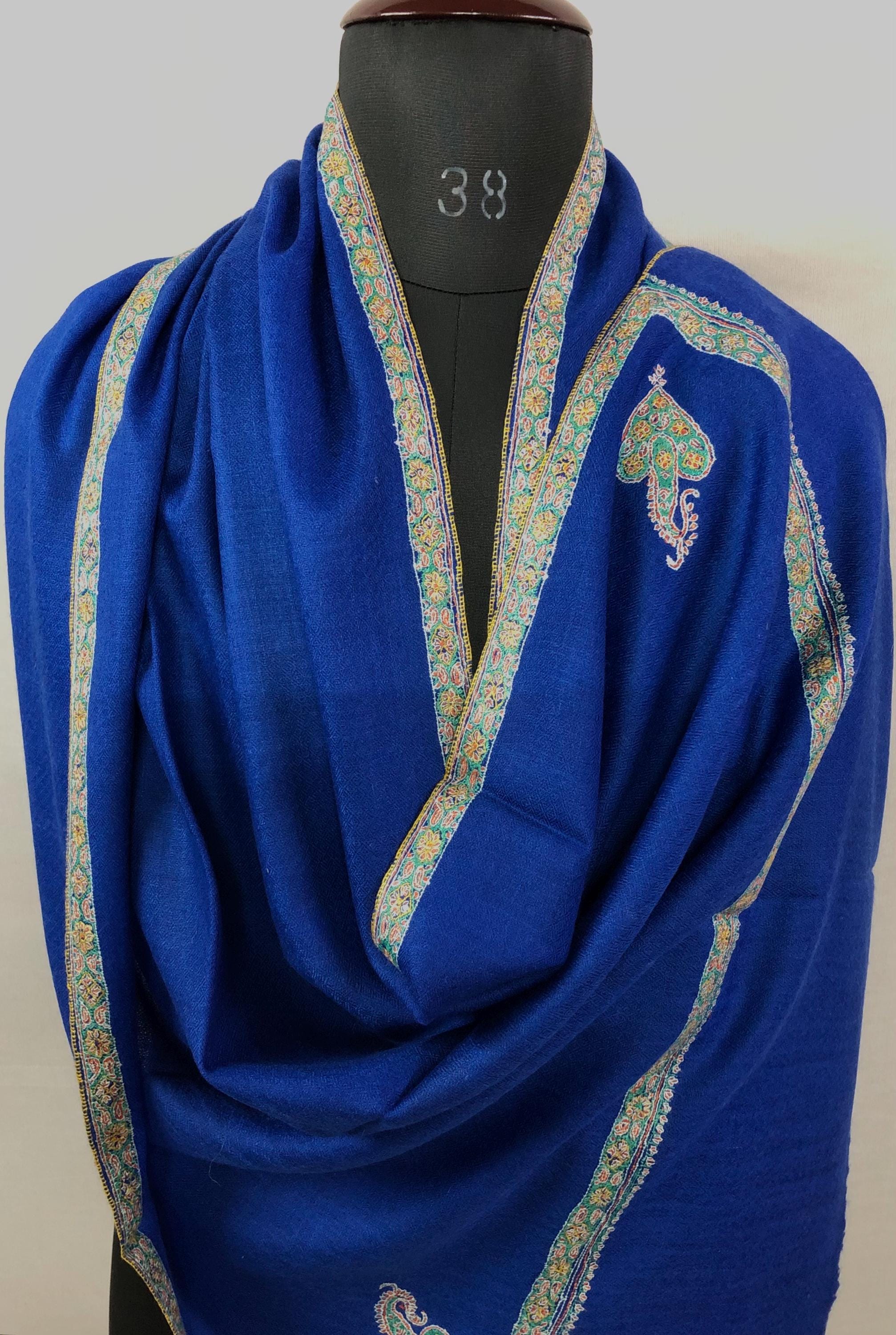 Lapis Blue scarf Handmade Real Cashmere Pashmina Border Embroidered Stole Scarf Shawl - Mehraj Crafts 