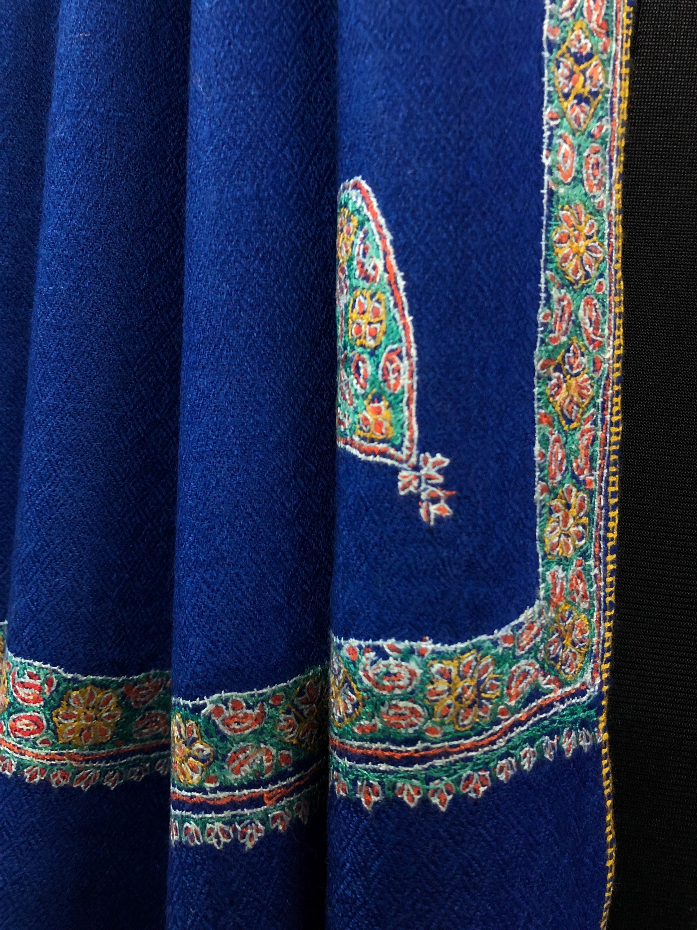 Lapis Blue scarf Handmade Real Cashmere Pashmina Border Embroidered Stole Scarf Shawl - Mehraj Crafts 