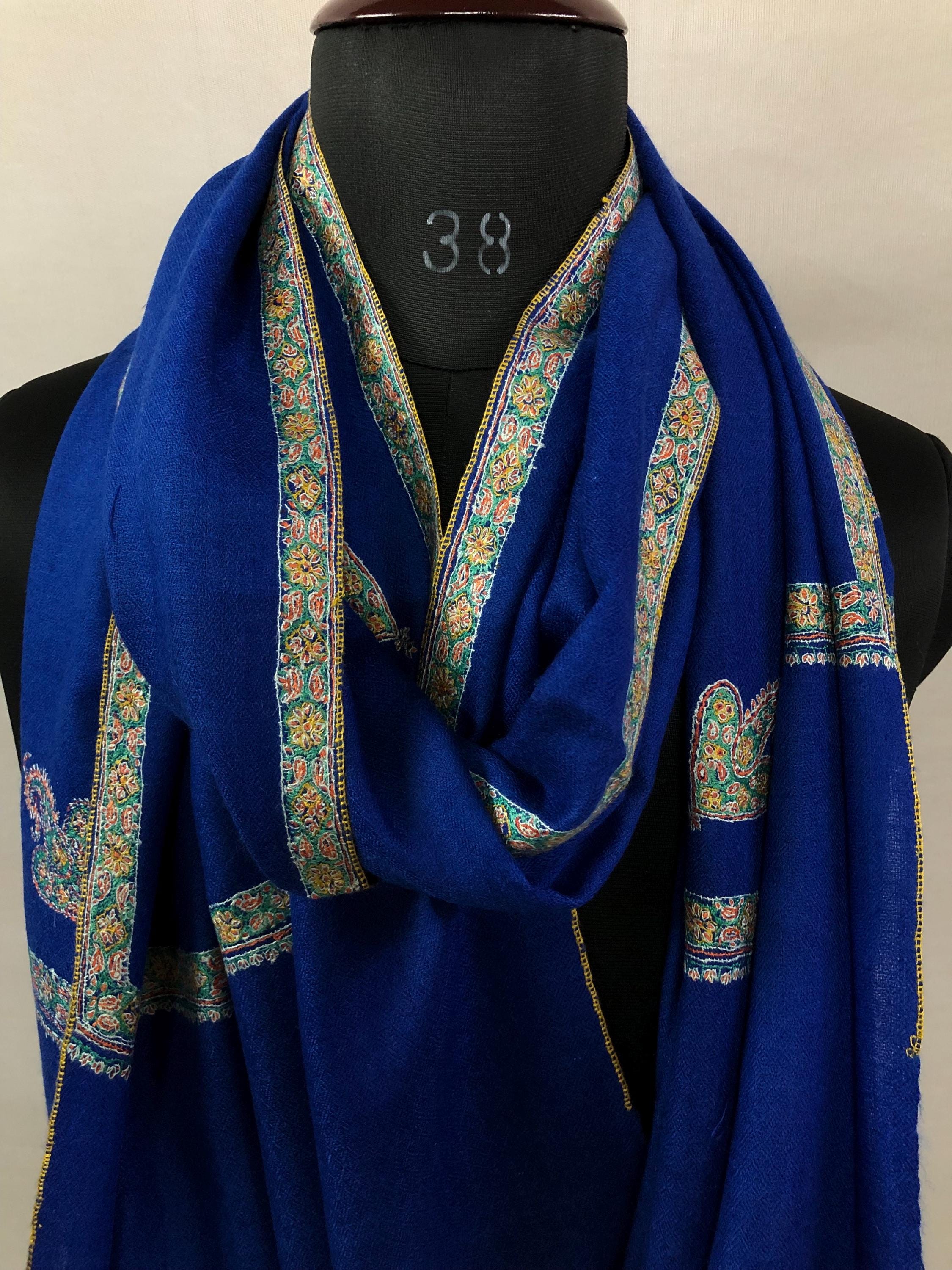 Lapis Blue scarf Handmade Real Cashmere Pashmina Border Embroidered Stole Scarf Shawl - Mehraj Crafts 